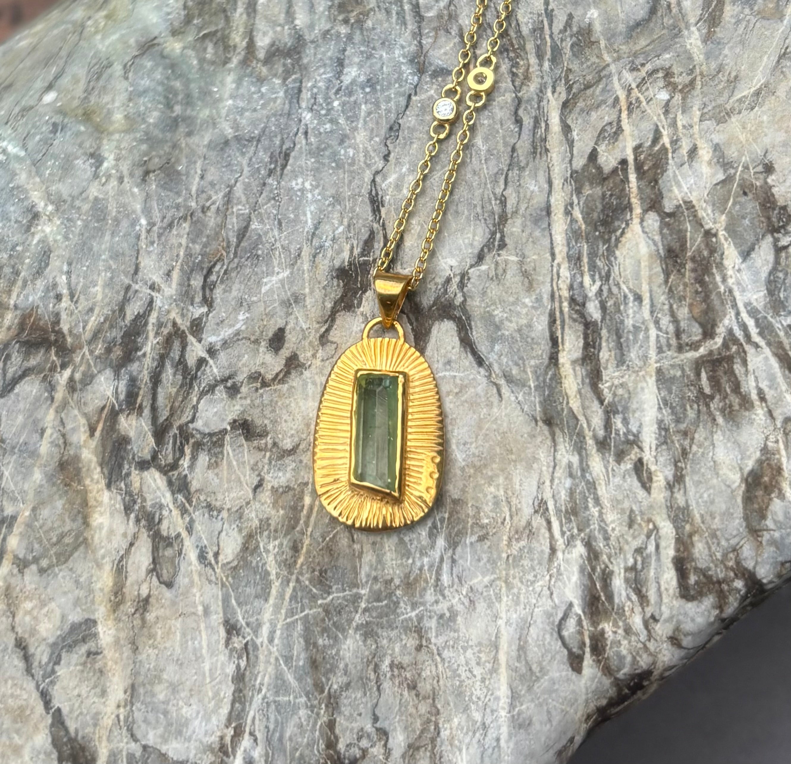 14k Gold Bicolor Green Ombre Tourmaline Sunburst Necklace