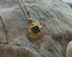 14k Gold Green Jade + Sapphire Hand Etched Necklace