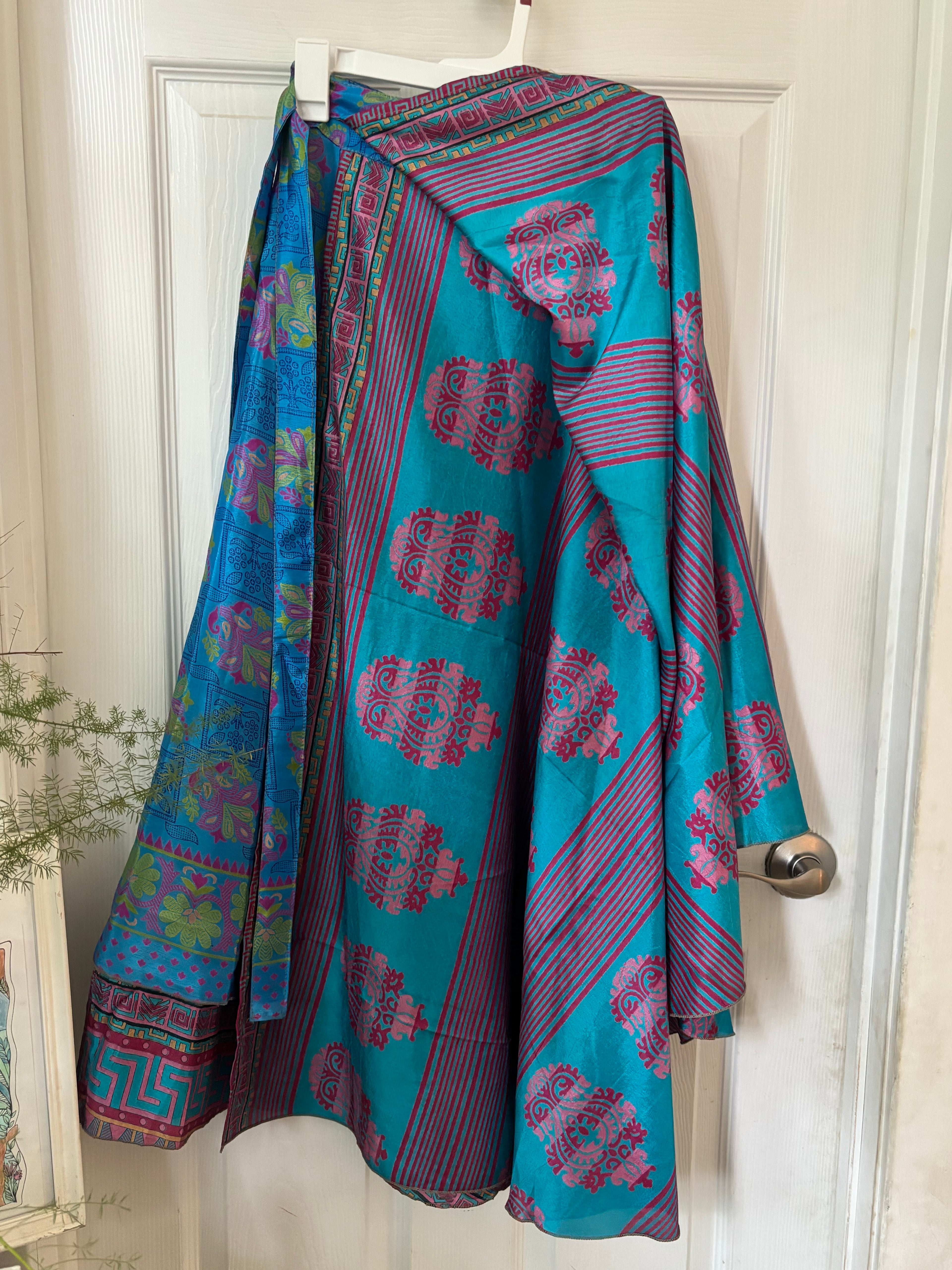 Warfare Worship Skirt | Bohemian Flowy Indian Silk Sari Wrap Skirt - Double Layer , Reversible | Free Flow Dancing Skirt