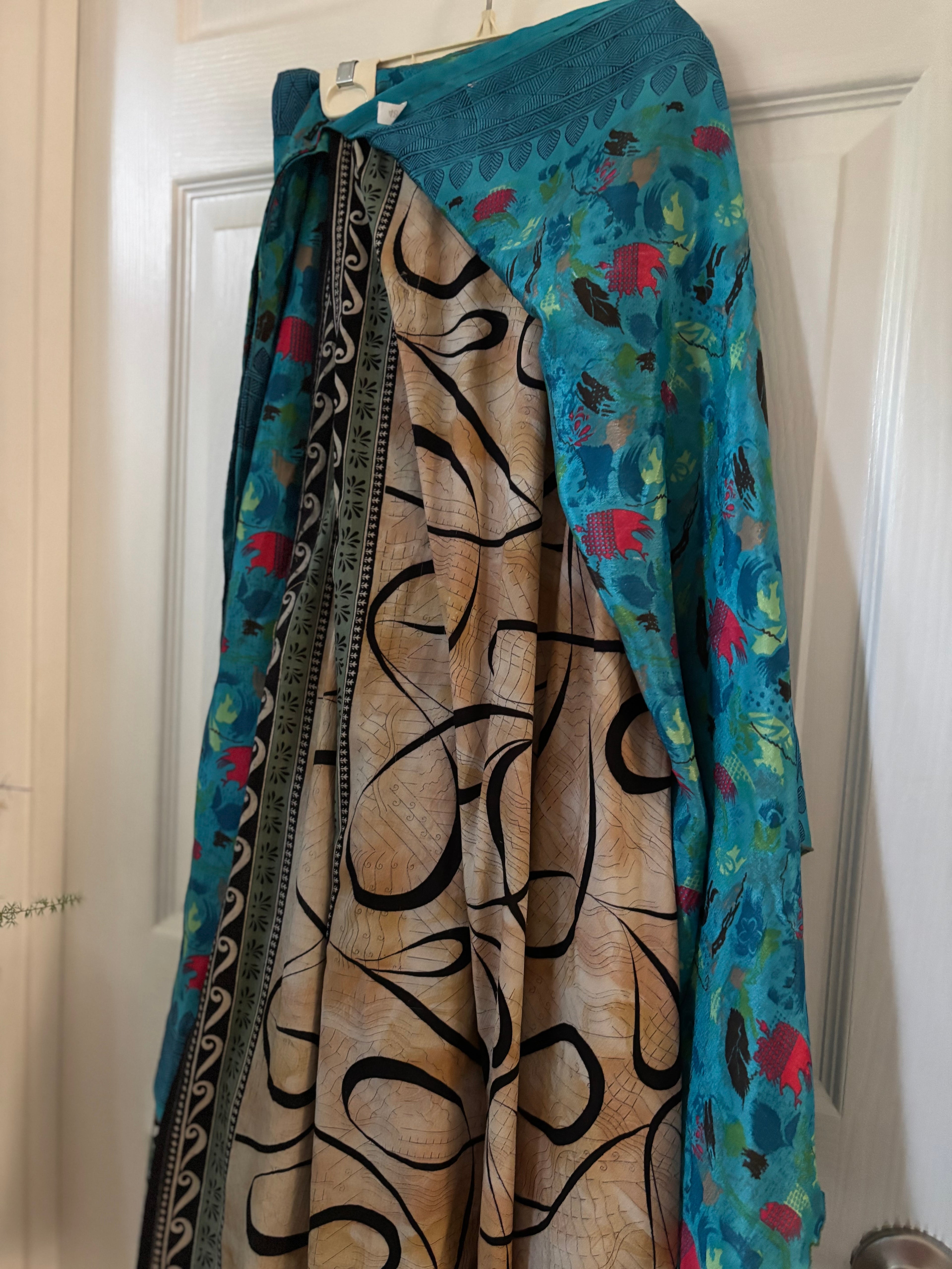 Bohemian Indian Silk Sari Wrap Skirt - Double Layer , Reversible | Free Flow Dancing Skirt