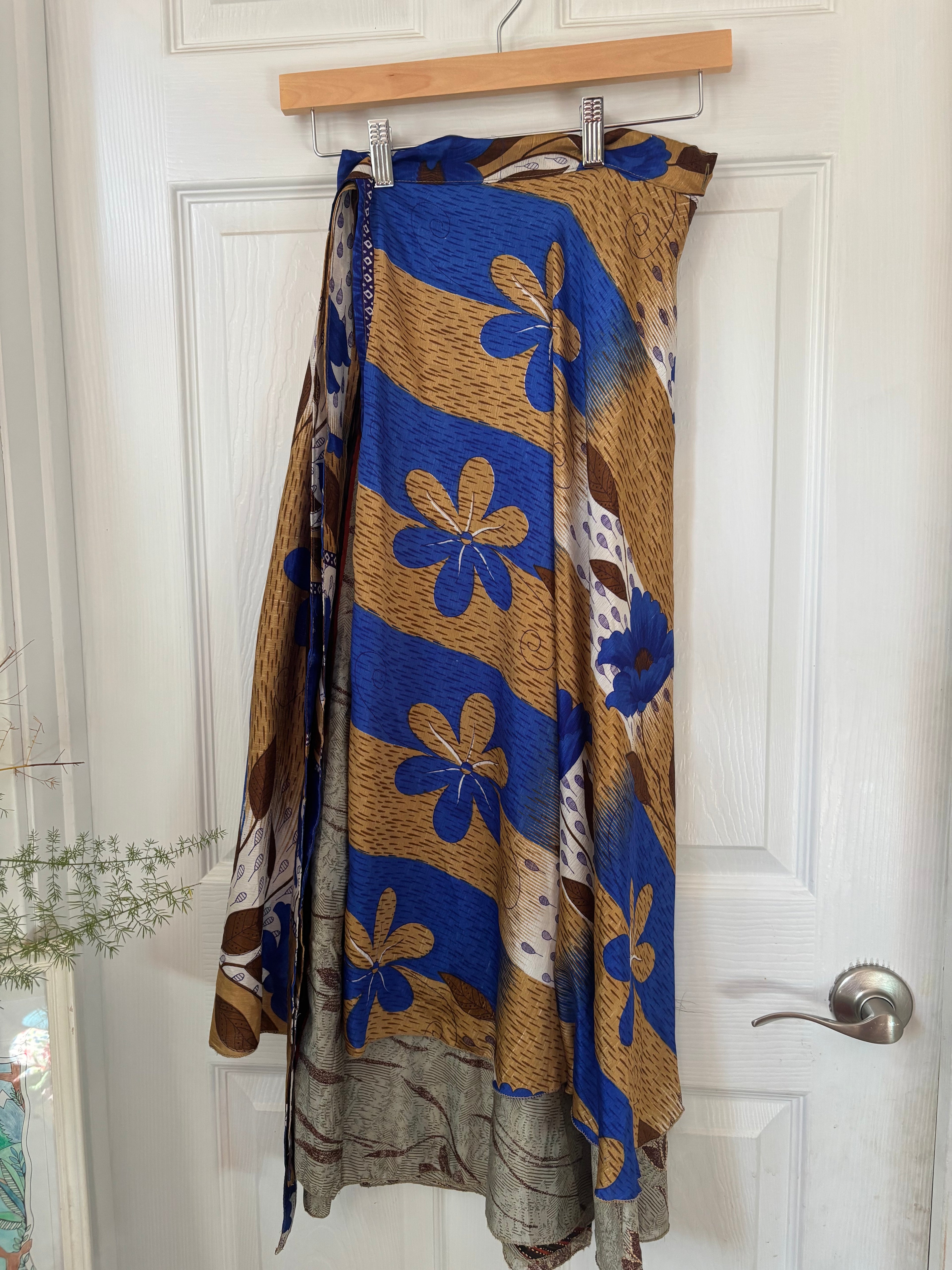 Bohemian Flowy Indian Silk Sari Wrap Skirt - Double Layer , Reversible | Free Flow Dancing Skirt