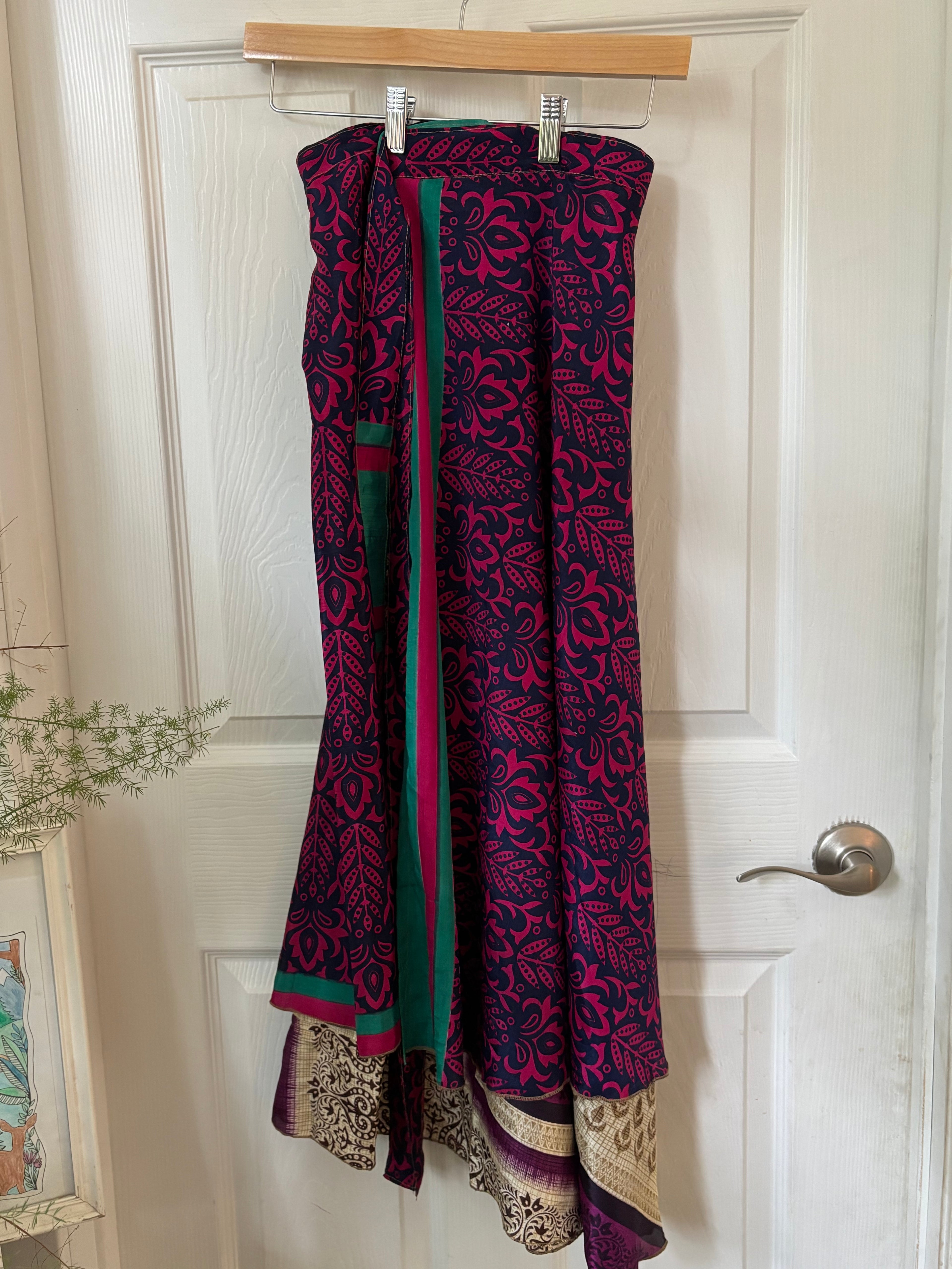 Warfare Worship Skirt | Bohemian Flowy Indian Silk Sari Wrap Skirt - Double Layer , Reversible | Free Flow Dancing Skirt