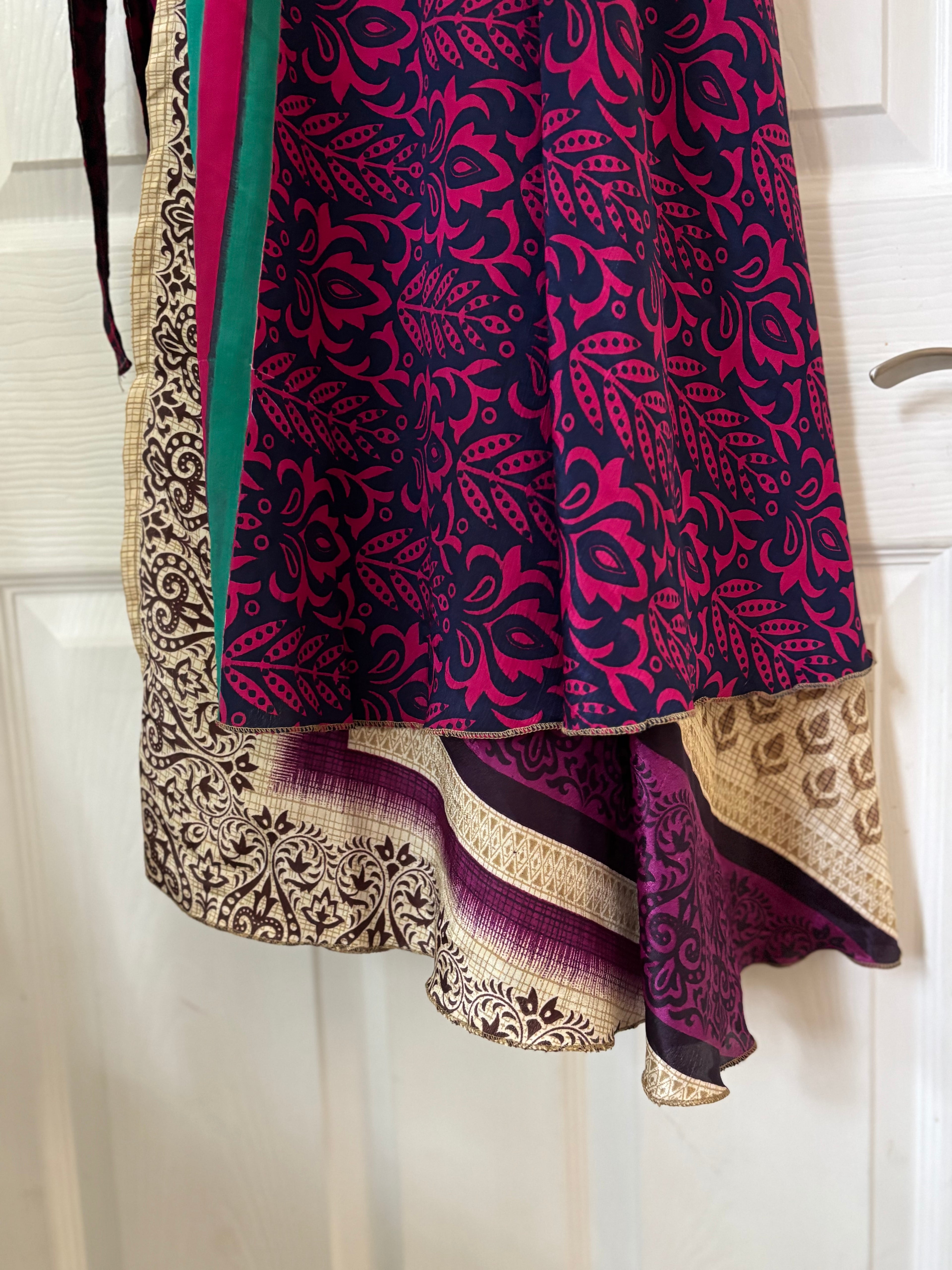 Warfare Worship Skirt | Bohemian Flowy Indian Silk Sari Wrap Skirt - Double Layer , Reversible | Free Flow Dancing Skirt