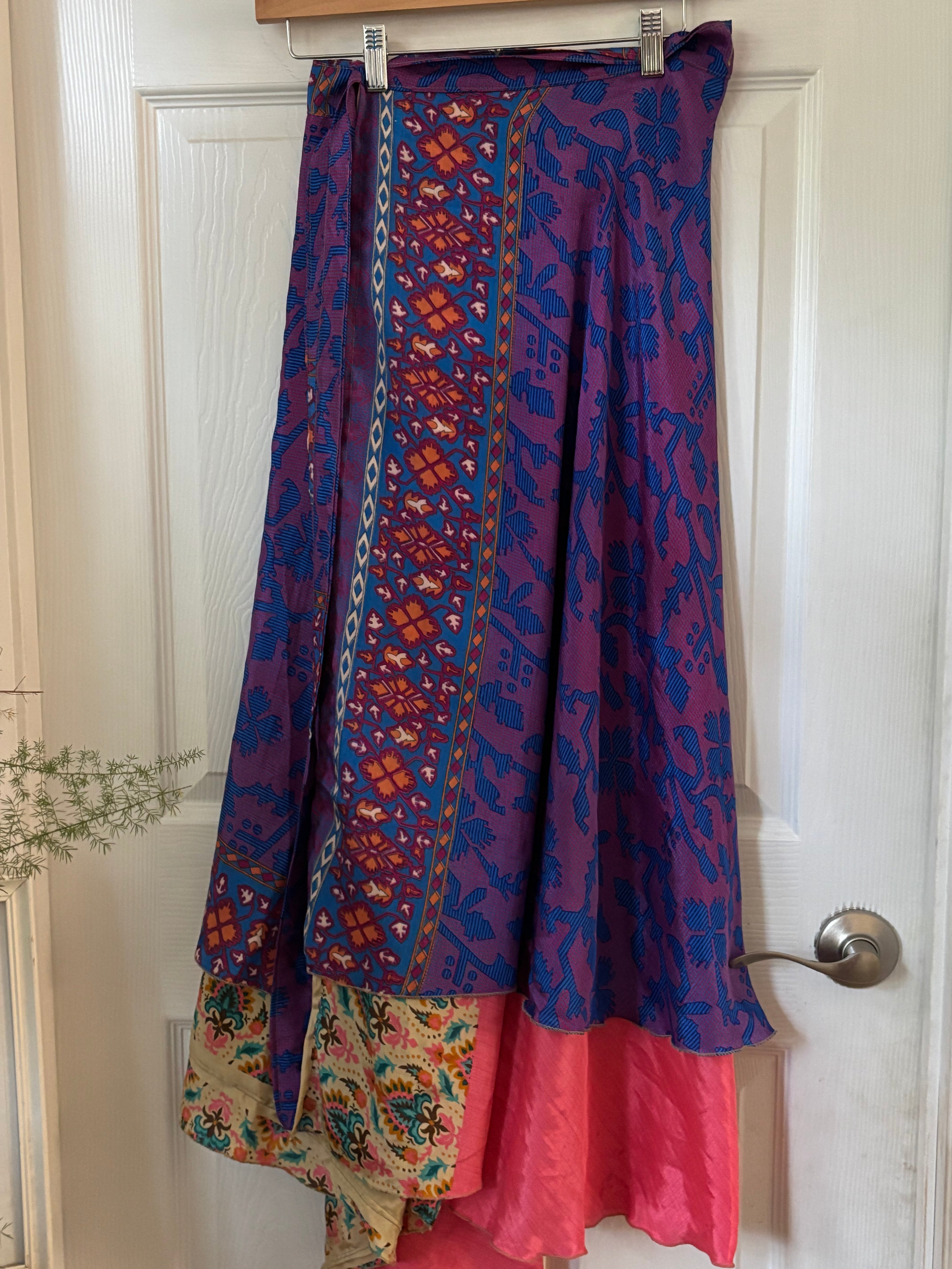 Bohemian Flowy Indian Silk Sari Wrap Skirt - Double Layer , Reversible | Free Flow Dancing Skirt
