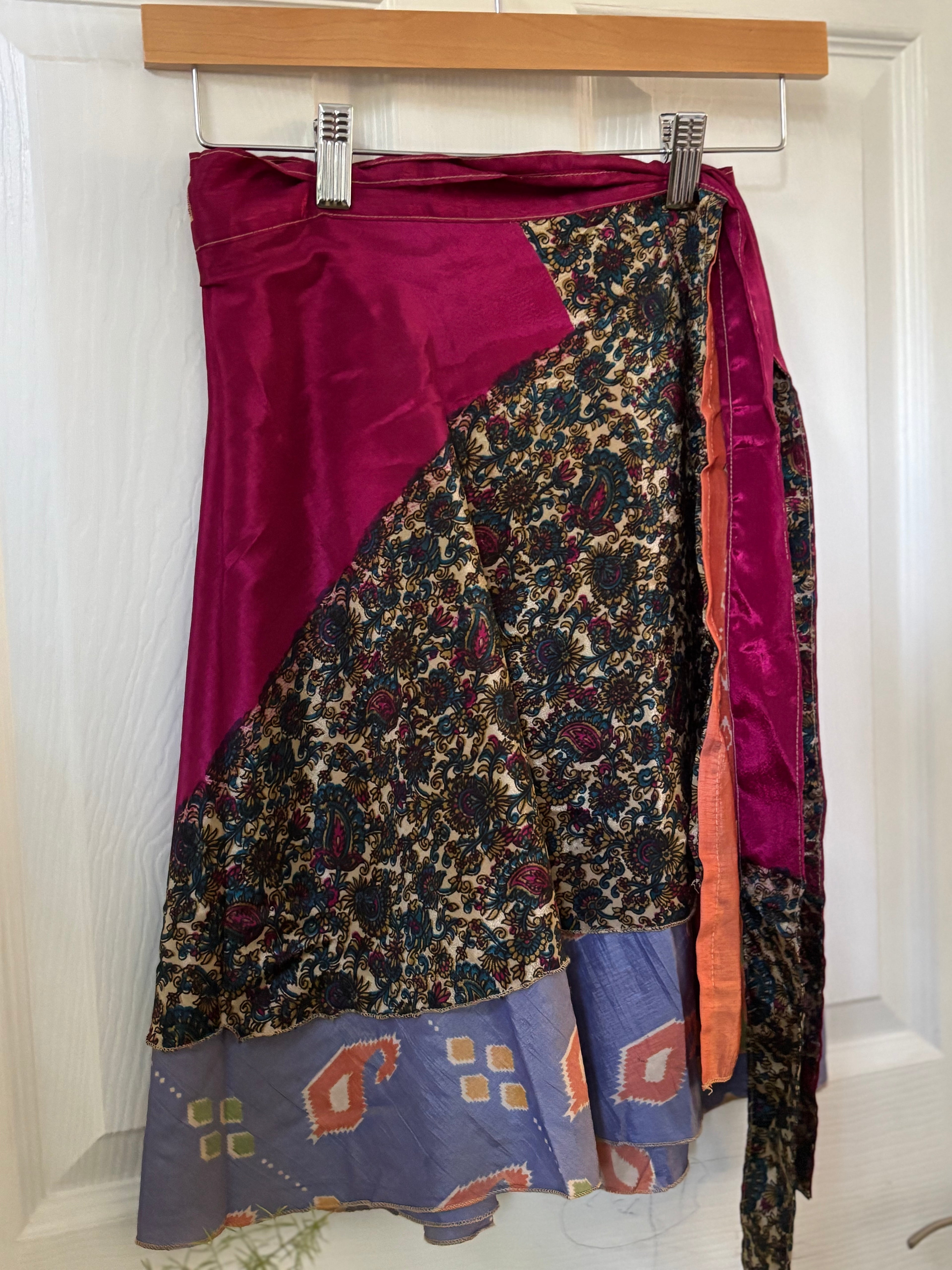 Knee Length Bohemian Flowy Dancing Worship Skirt | Indian Silk Sari Wrap Skirt - Double Layer , Reversible