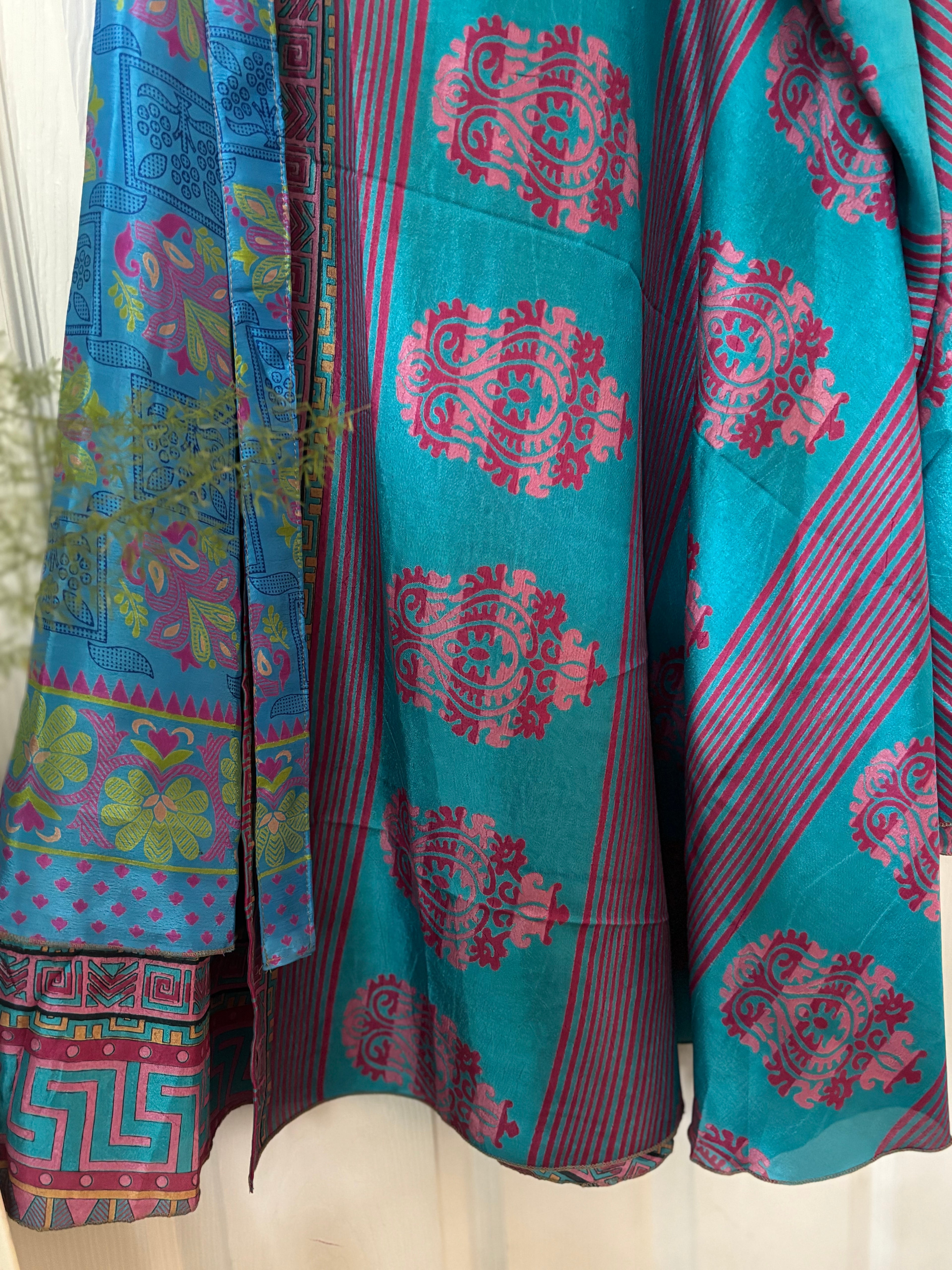 Warfare Worship Skirt | Bohemian Flowy Indian Silk Sari Wrap Skirt - Double Layer , Reversible | Free Flow Dancing Skirt