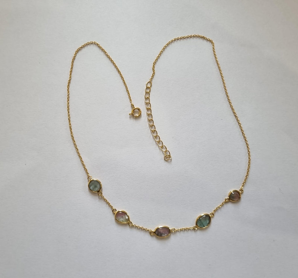 14K Gold over 925 Sterling Silver 5 Stone Tourmaline Convertible Necklace to Wrap Bracelet