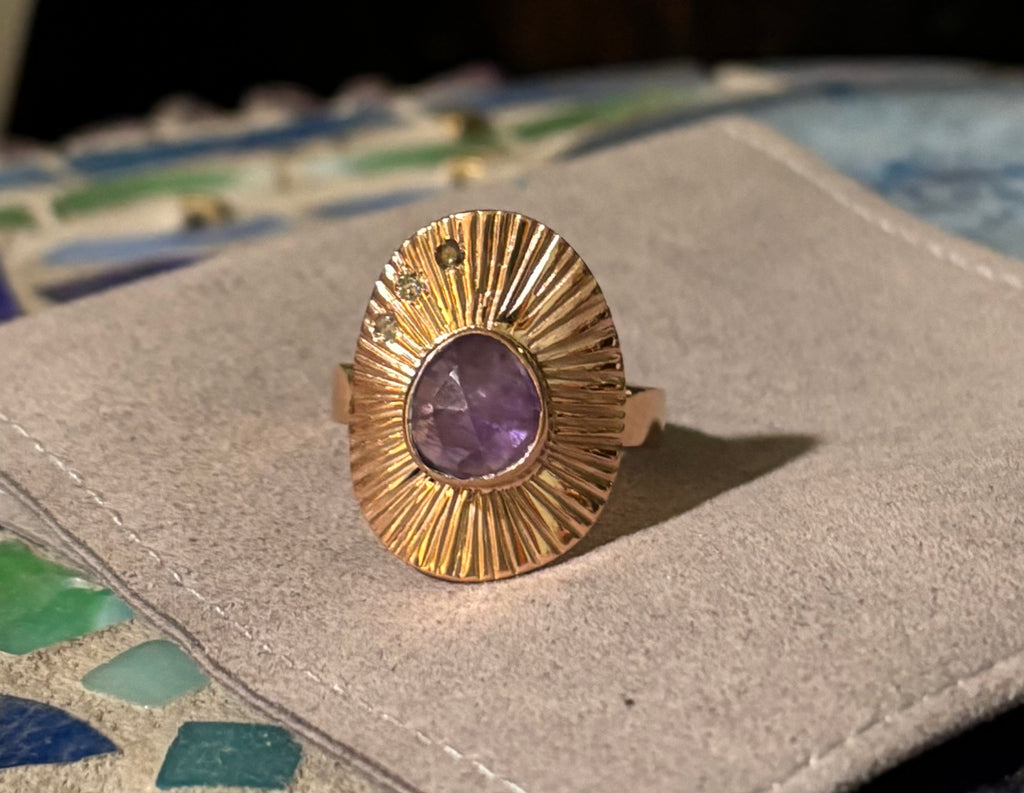The Stevi Sunburst Ring ~ 14K Gold over 925 Sterling Silver | Rosecut Amethyst + Salt & Pepper Diamonds | Size 8