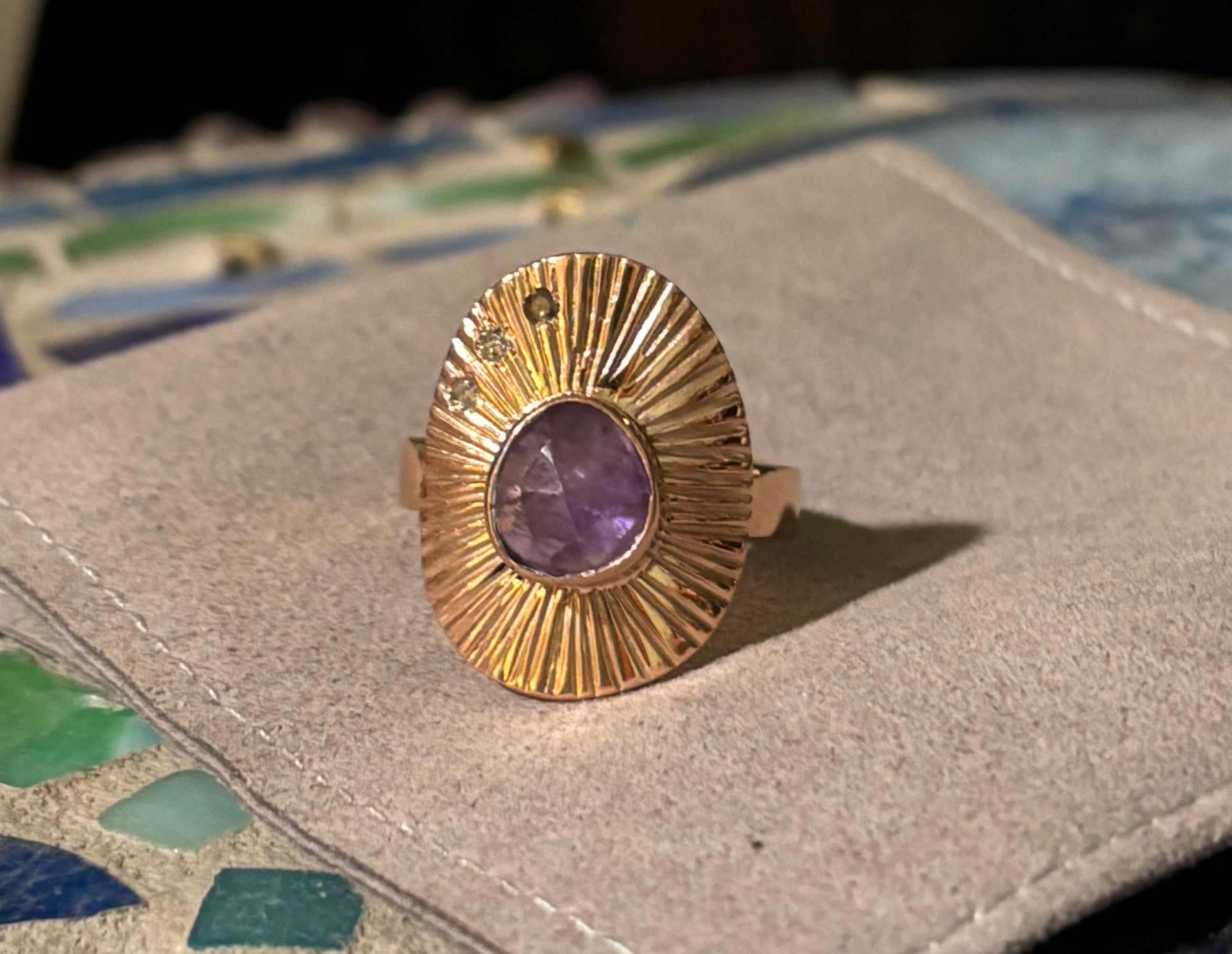 The Stevi Sunburst Ring ~ 14K Gold over 925 Sterling Silver | Rosecut Amethyst + Salt & Pepper Diamonds | Size 8