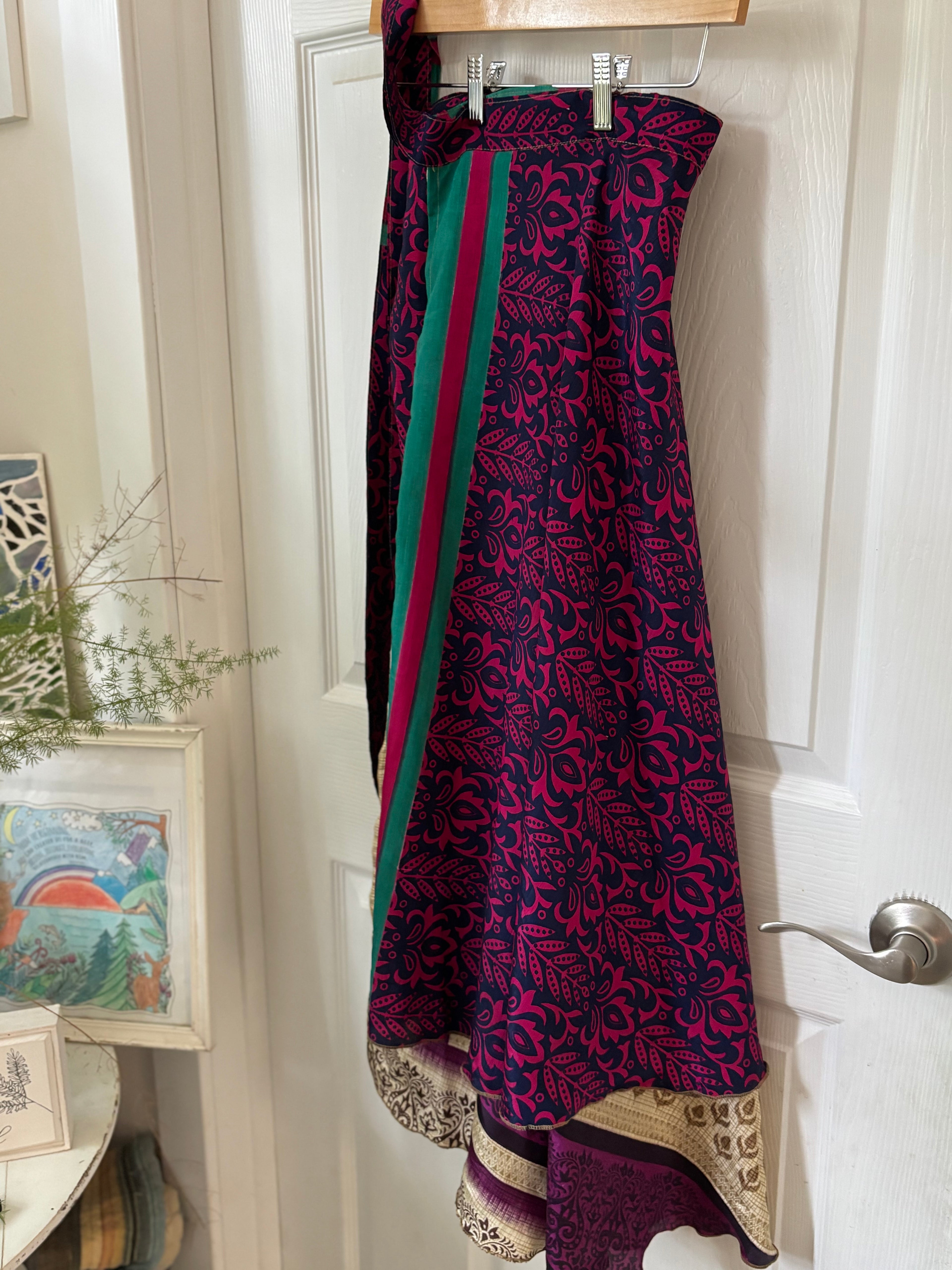 Worship Skirt | Bohemian Flowy Indian Silk Sari Wrap Skirt - Double Layer , Reversible | Free Flow Dancing Skirt