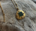 14k Gold Green Jade + Sapphire Hand Etched Necklace