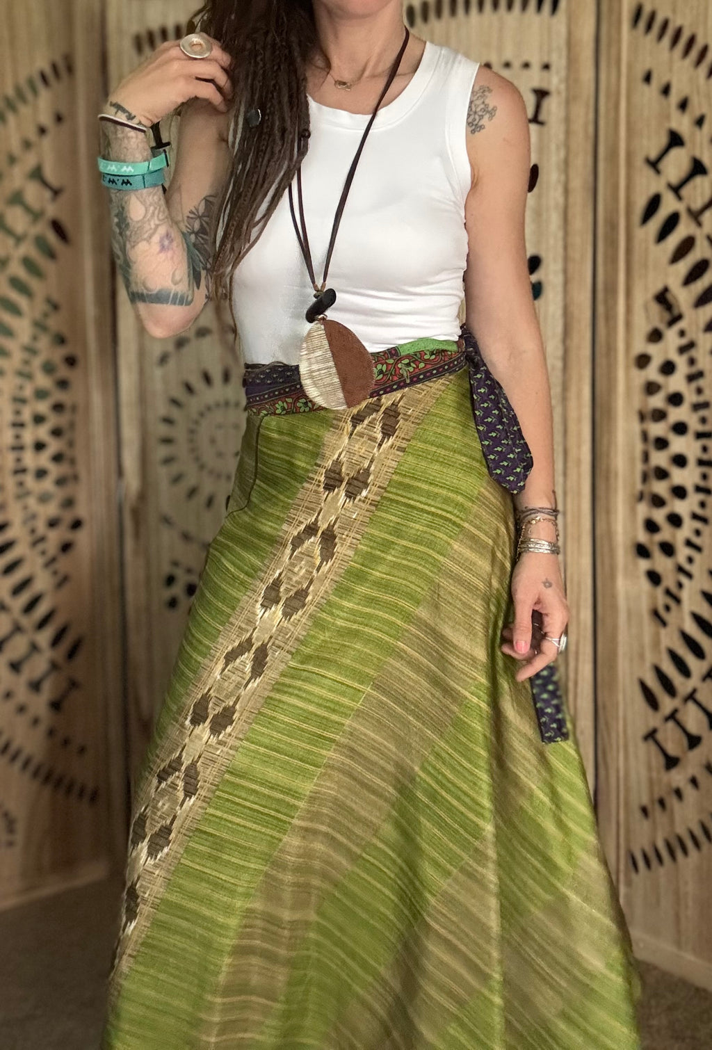Worship Skirt | Bohemian Flowy Indian Silk Sari Wrap Skirt - Double Layer , Reversible | Free Flow Dancing Skirt