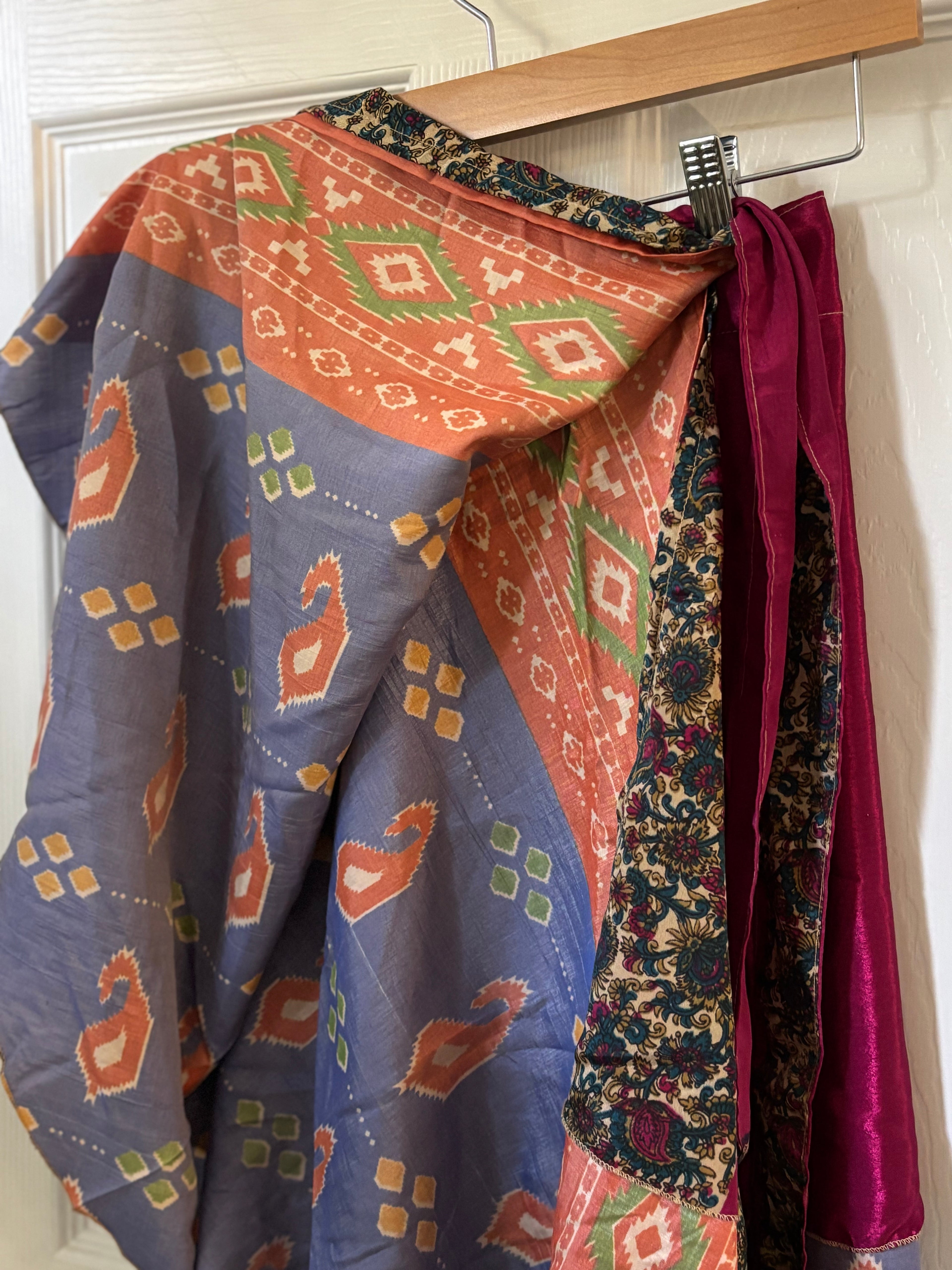 Knee Length Bohemian Flowy Dancing Worship Skirt | Indian Silk Sari Wrap Skirt - Double Layer , Reversible