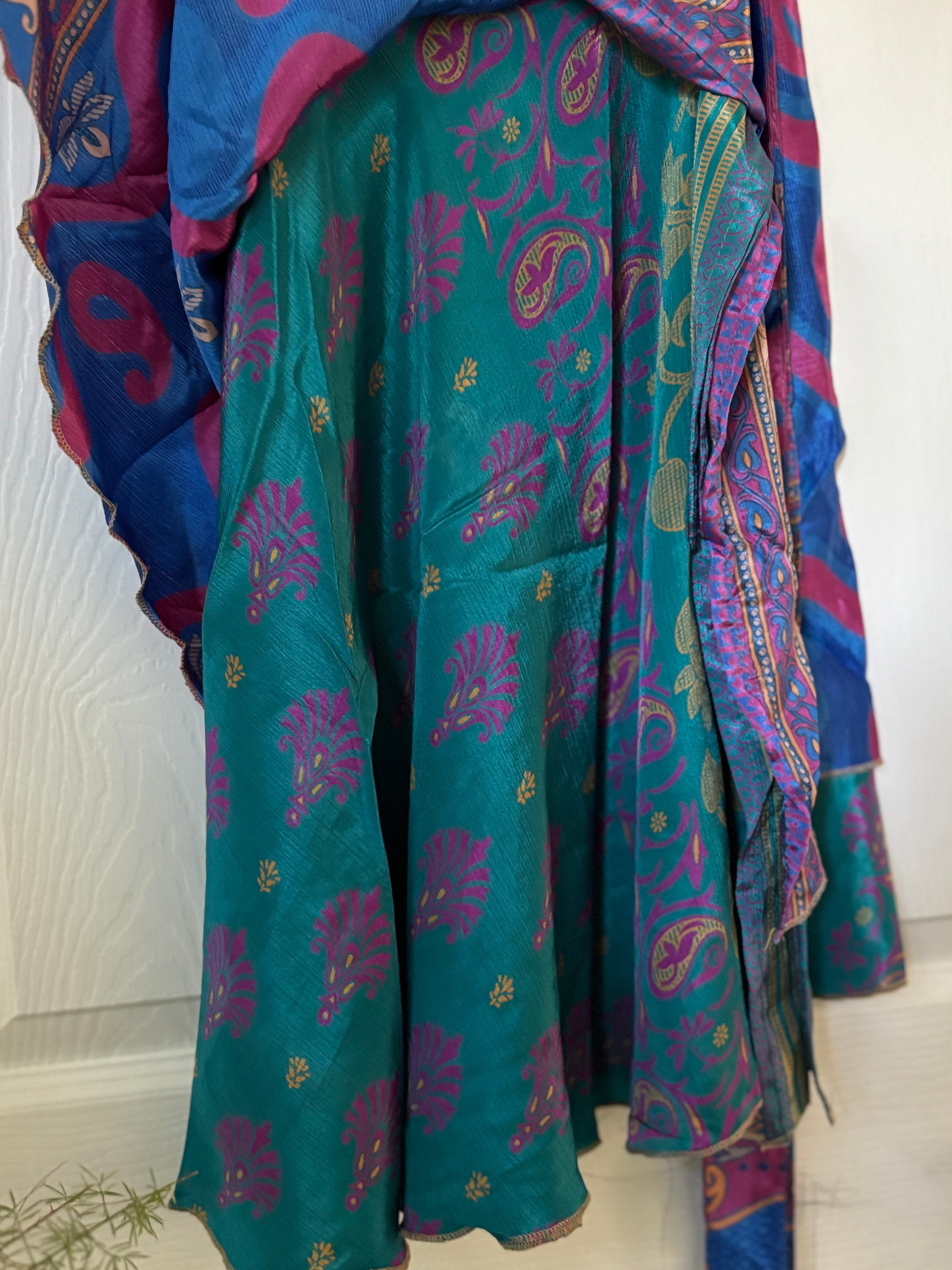 Knee Length Bohemian Flowy Dancing Worship Skirt | Indian Silk Sari Wrap Skirt - Double Layer , Reversible