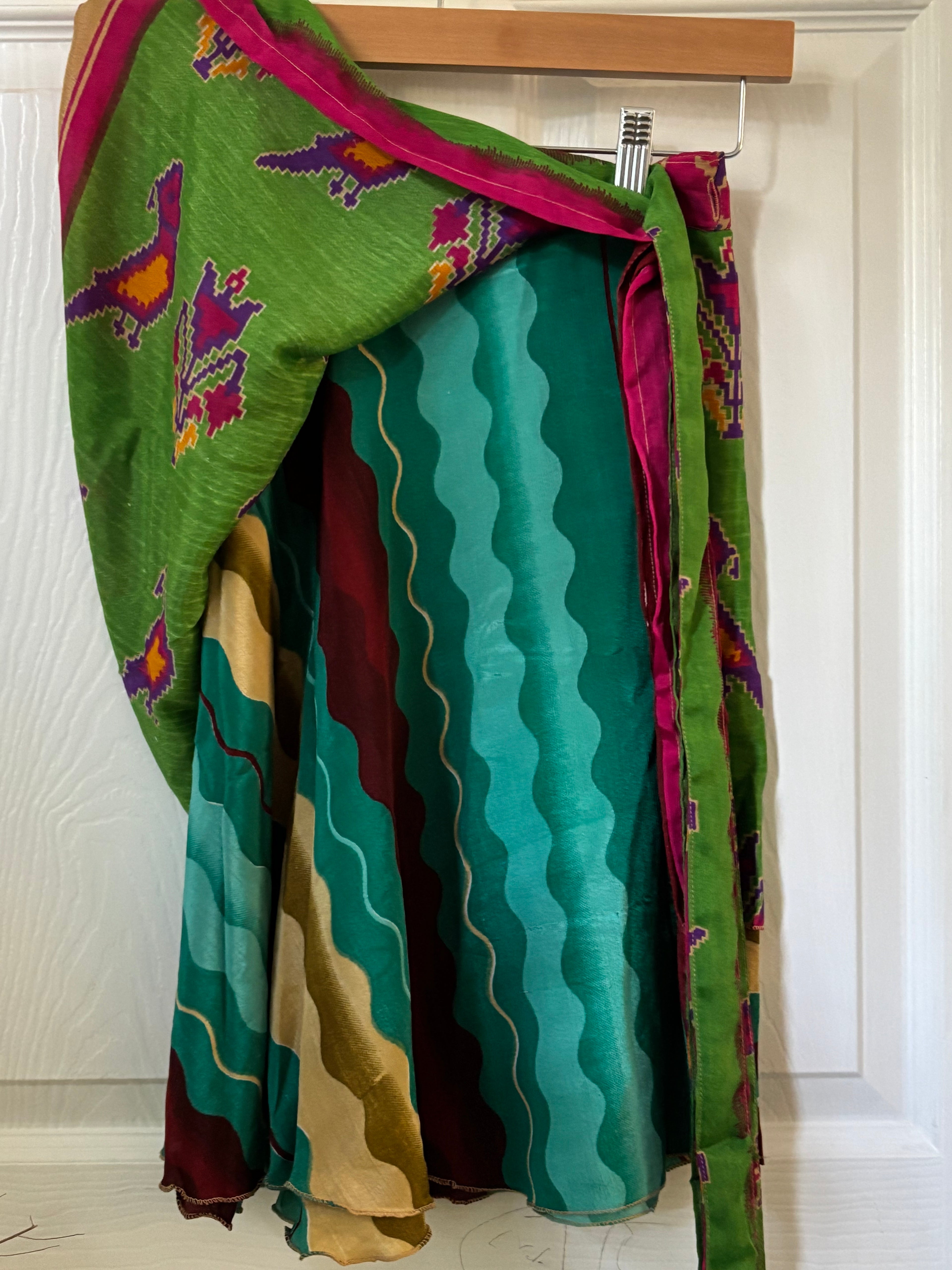 Knee Length Bohemian Flowy Dancing Worship Skirt | Indian Silk Sari Wrap Skirt - Double Layer , Reversible