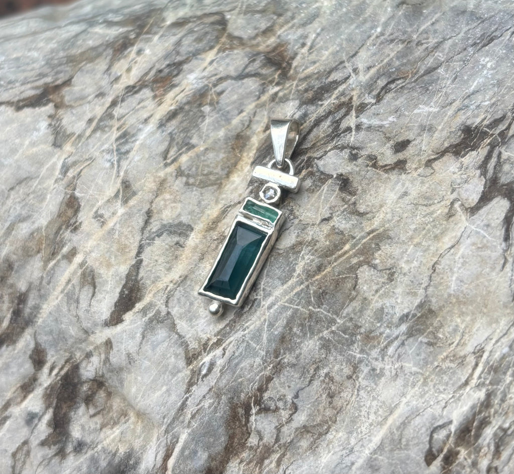Tourmaline + Raw Emerald + Moonstone Solid Sterling 925 Silver Ethnic Pendant