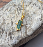 14k Gold Ethnic Teal Tourmaline Baguette Necklace
