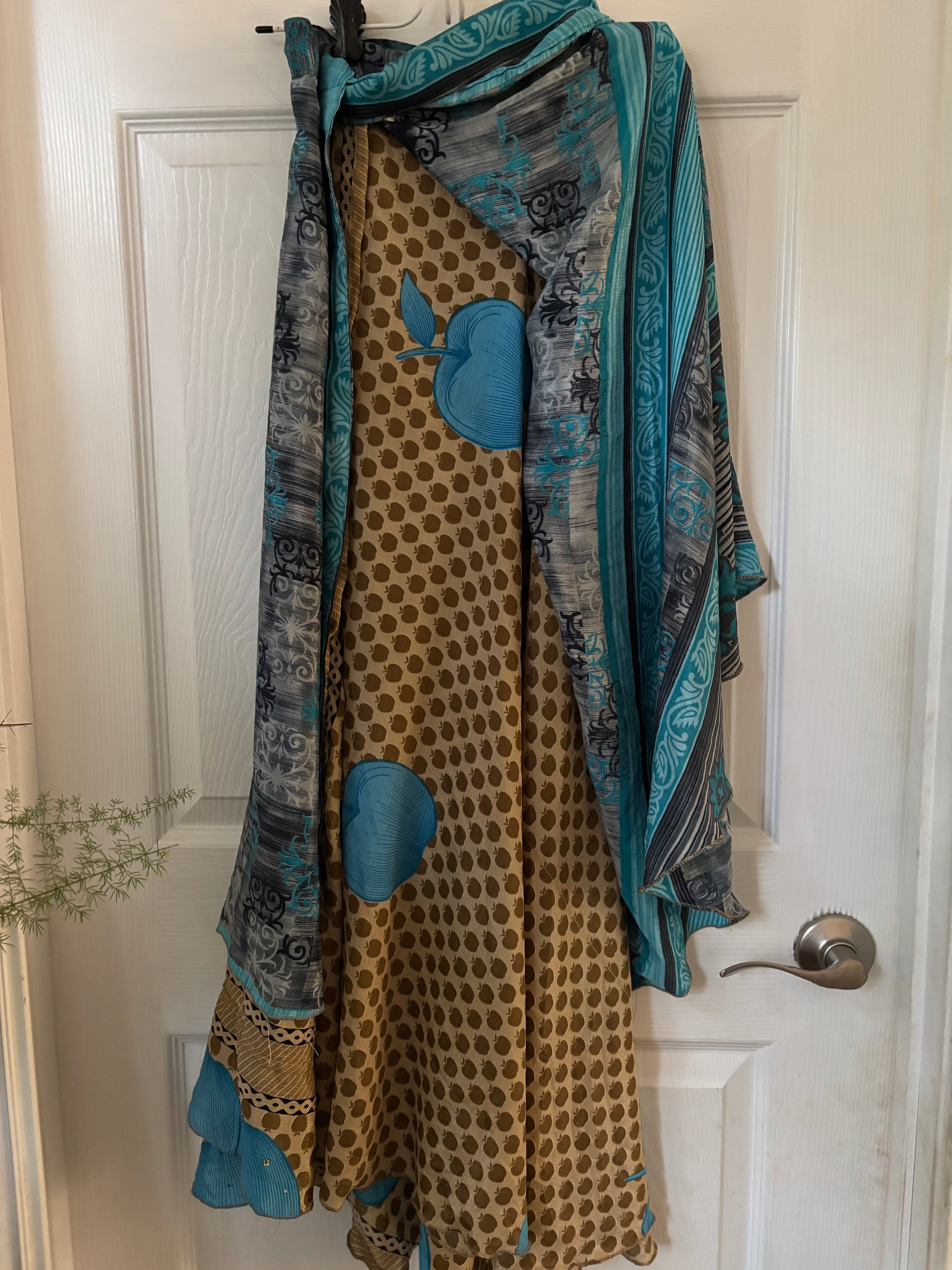 Bohemian Indian Silk Sari Wrap Skirt - Double Layer , Reversible | Free Flow Dancing Skirt