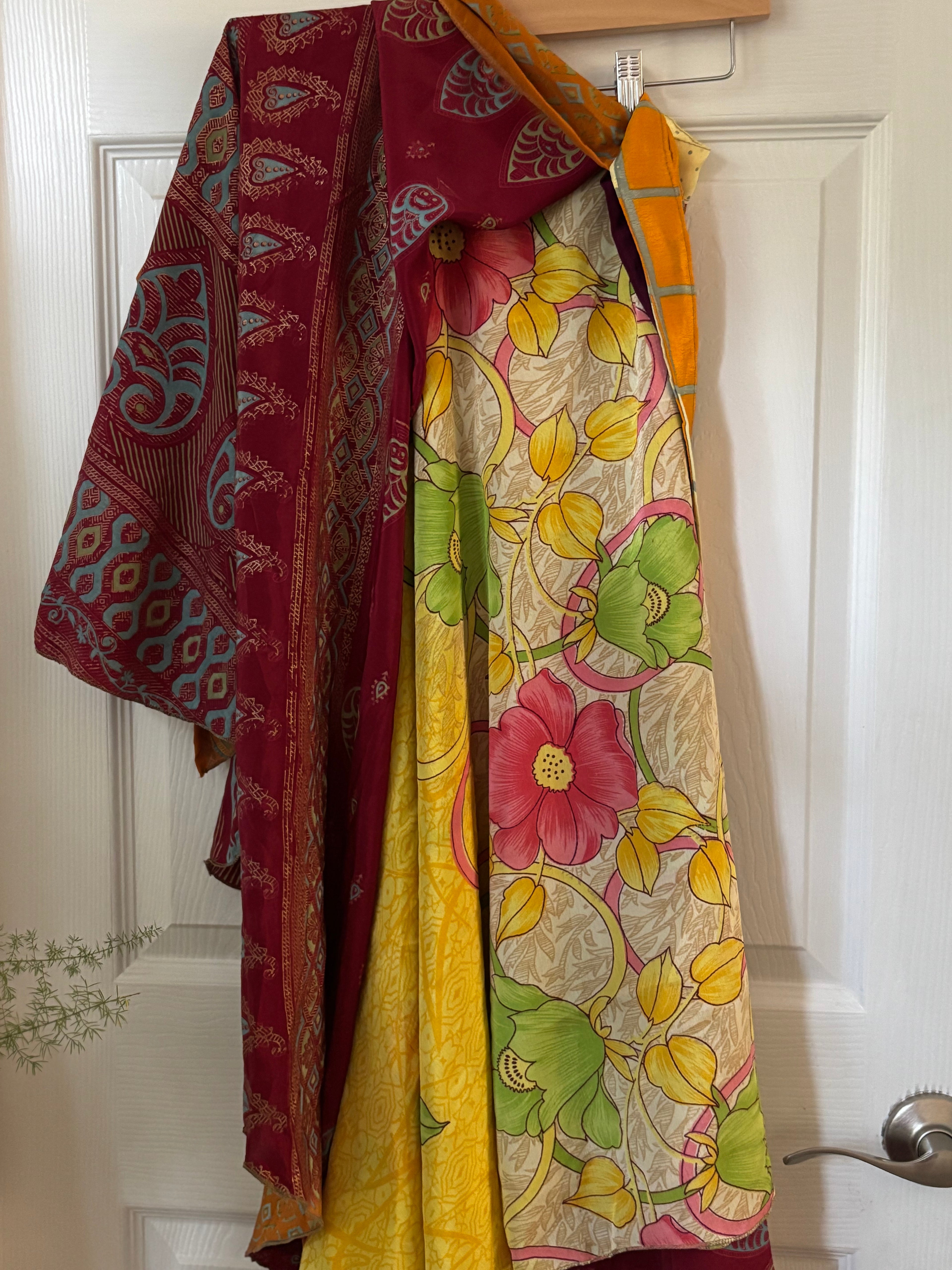 Bohemian Flowy Indian Silk Sari Wrap Skirt - Double Layer , Reversible | Free Flow Dancing Skirt