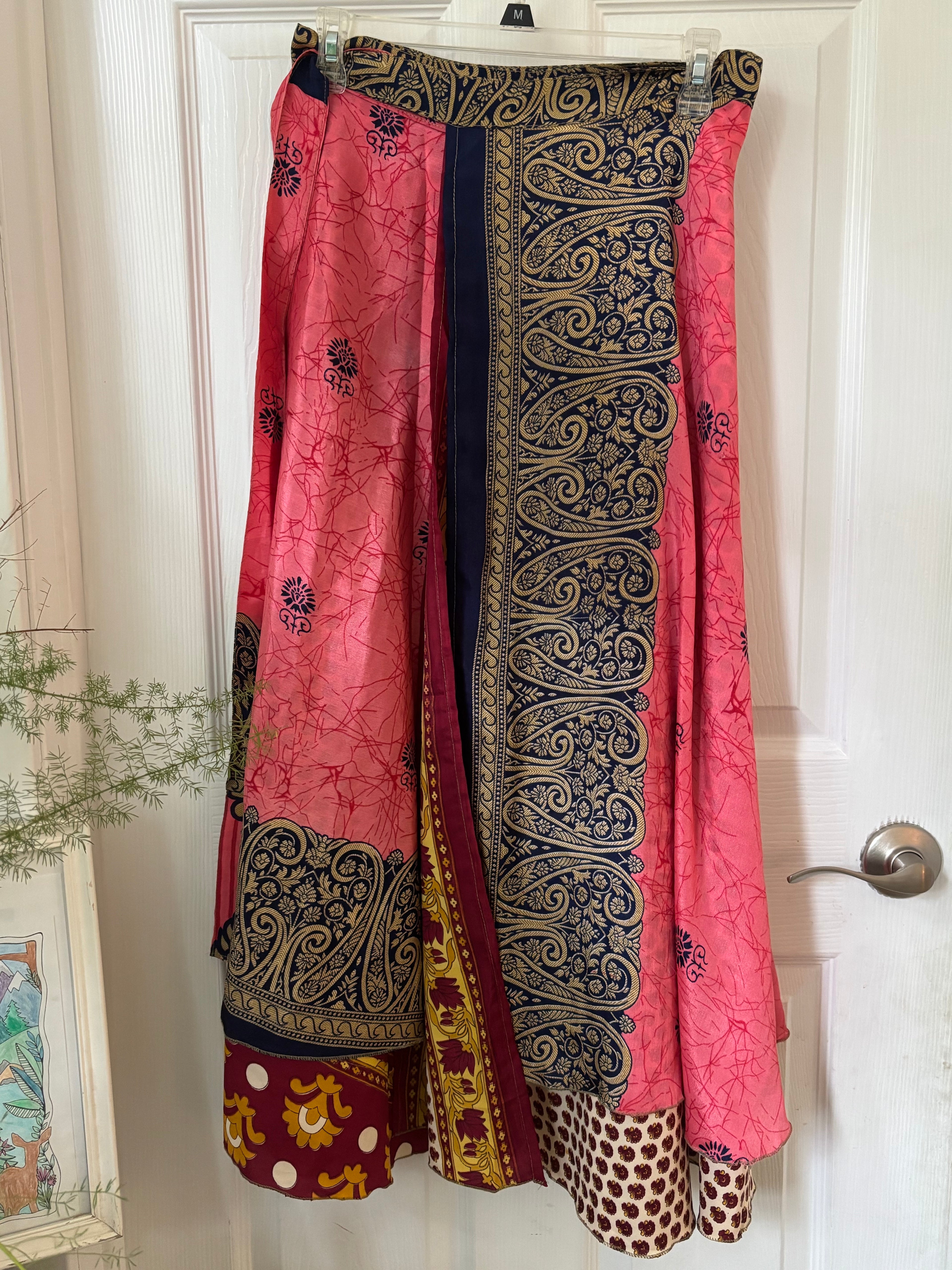 Warfare Worship Skirt | Bohemian Flowy Indian Silk Sari Wrap Skirt - Double Layer , Reversible | Free Flow Dancing Skirt