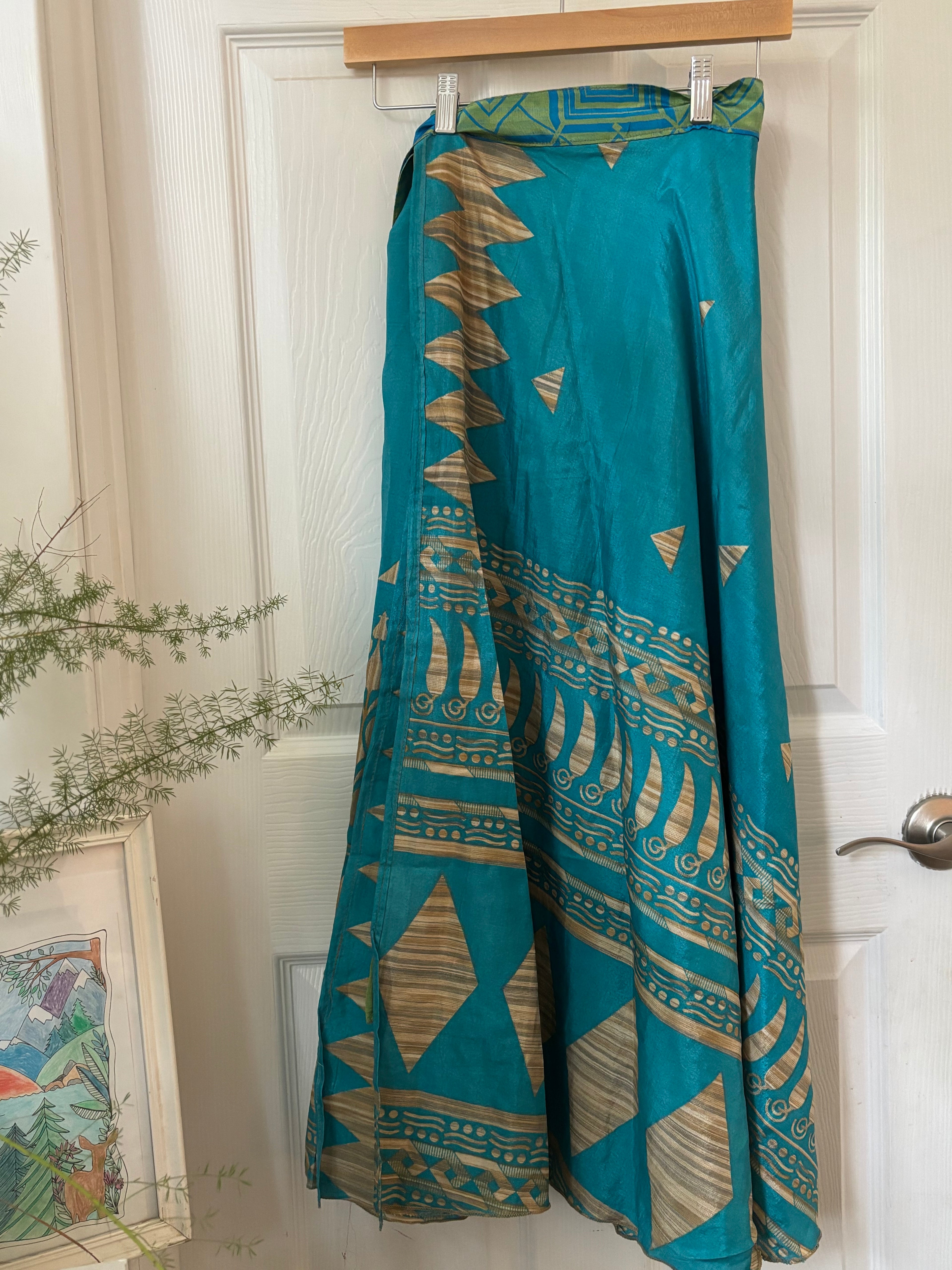 Warfare Worship Skirt | Bohemian Flowy Indian Silk Sari Wrap Skirt - Double Layer , Reversible | Free Flow Dancing Skirt