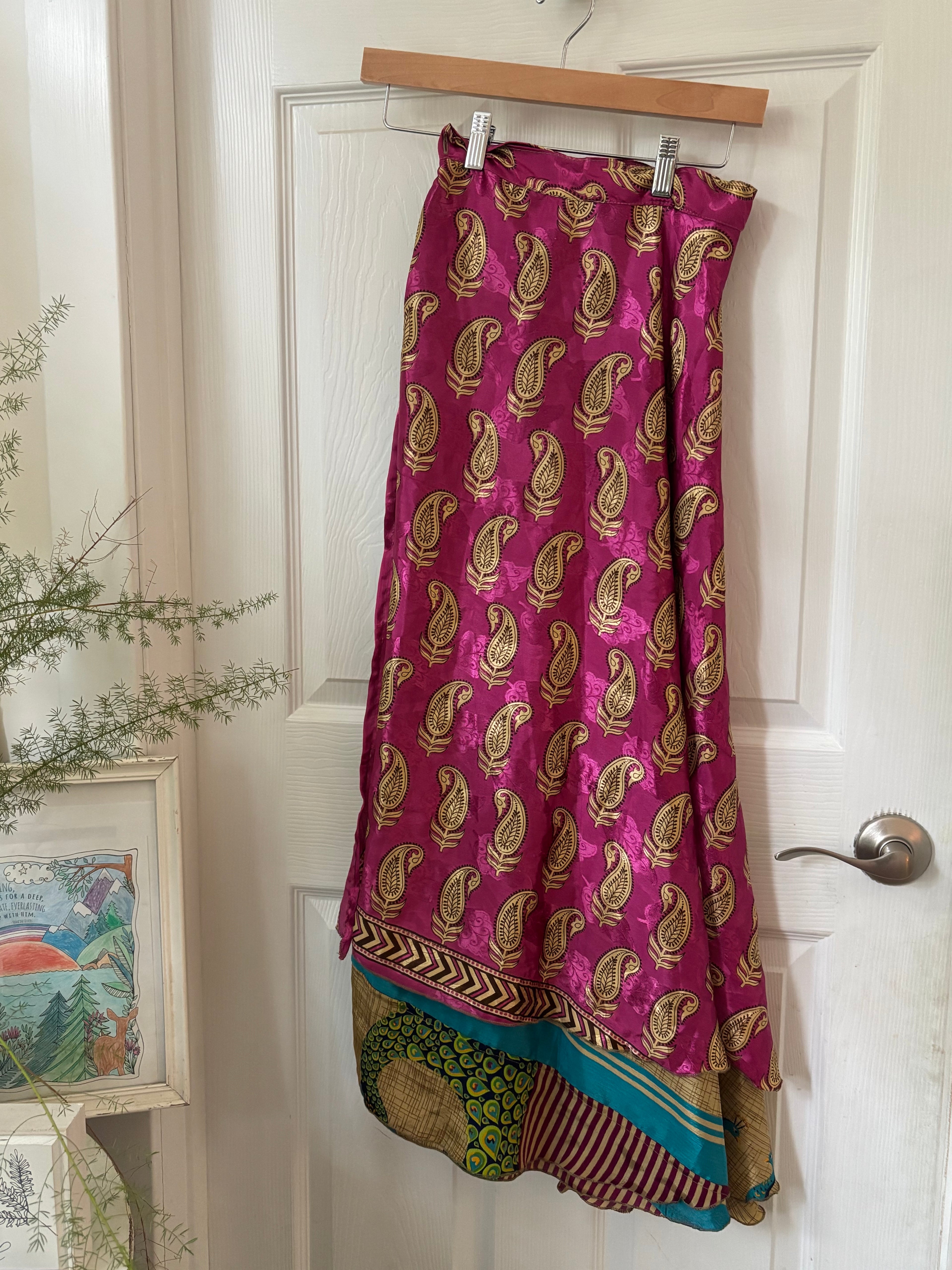 Warfare Worship Skirt | Bohemian Flowy Indian Silk Sari Wrap Skirt - Double Layer , Reversible | Free Flow Dancing Skirt