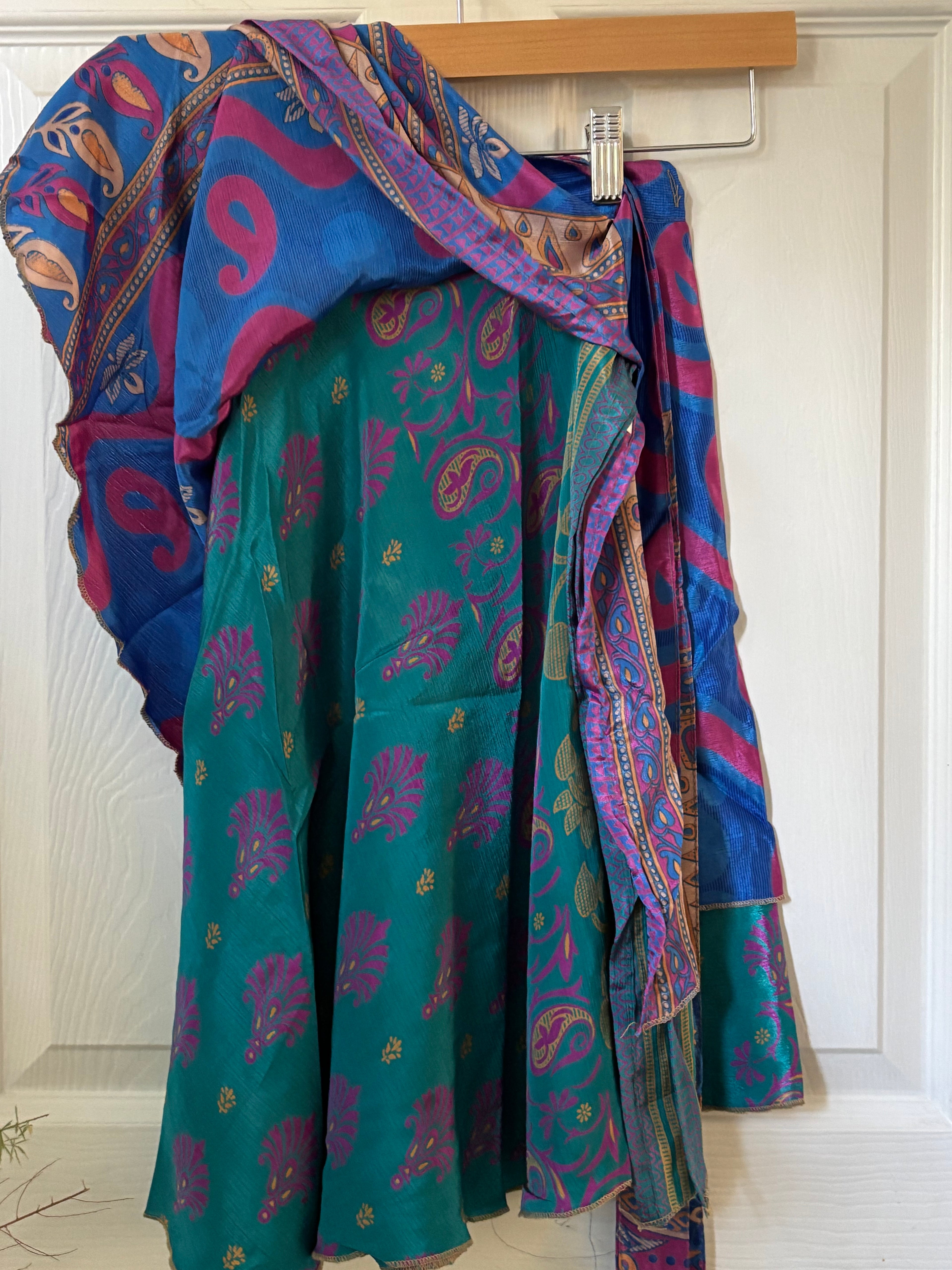 Knee Length Bohemian Flowy Dancing Worship Skirt | Indian Silk Sari Wrap Skirt - Double Layer , Reversible