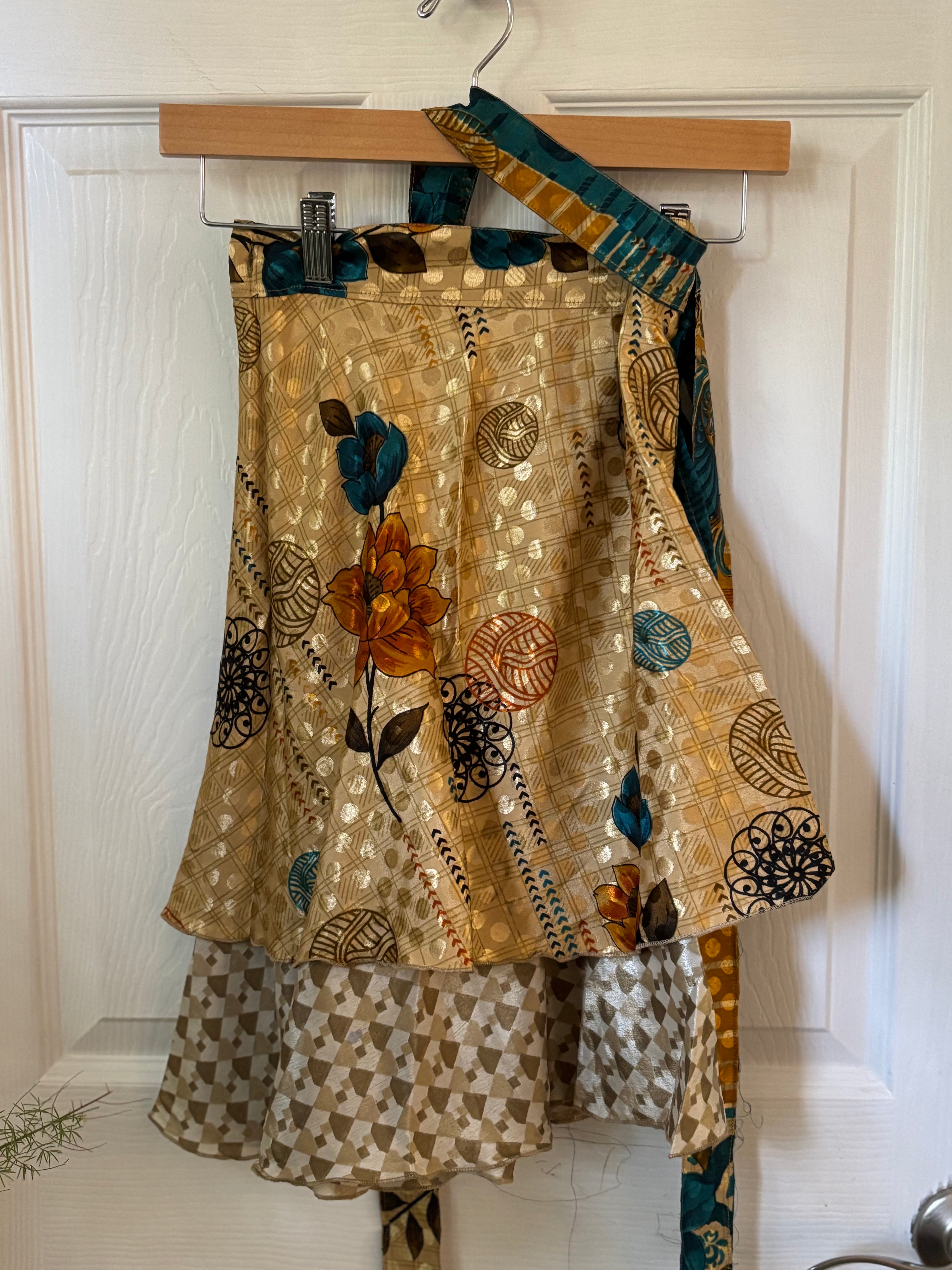 Knee Length Bohemian Flowy Dancing Worship Skirt | Indian Silk Sari Wrap Skirt - Double Layer , Reversible