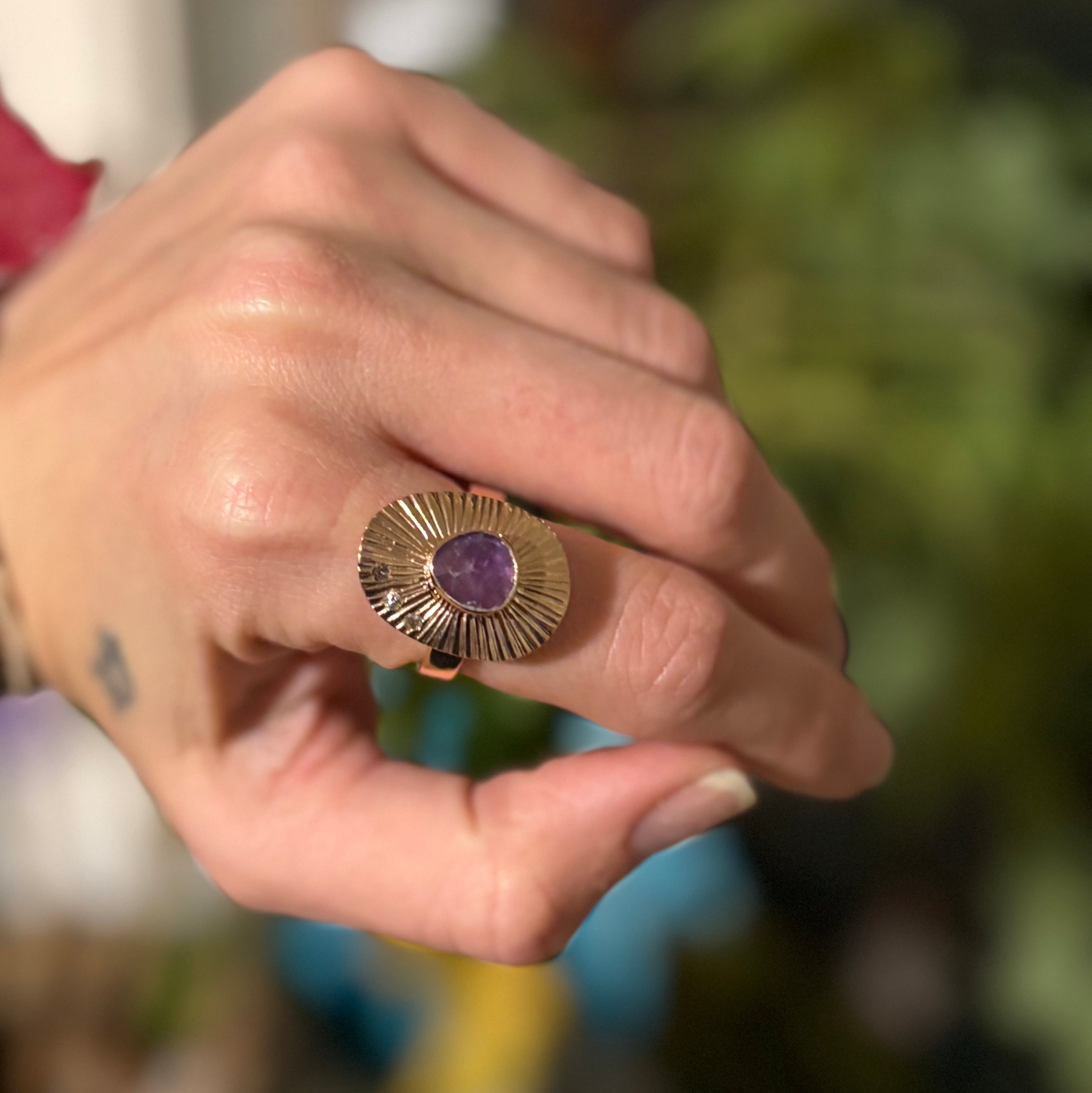 The Stevi Sunburst Ring ~ 14K Gold over 925 Sterling Silver | Rosecut Amethyst + Salt & Pepper Diamonds | Size 8