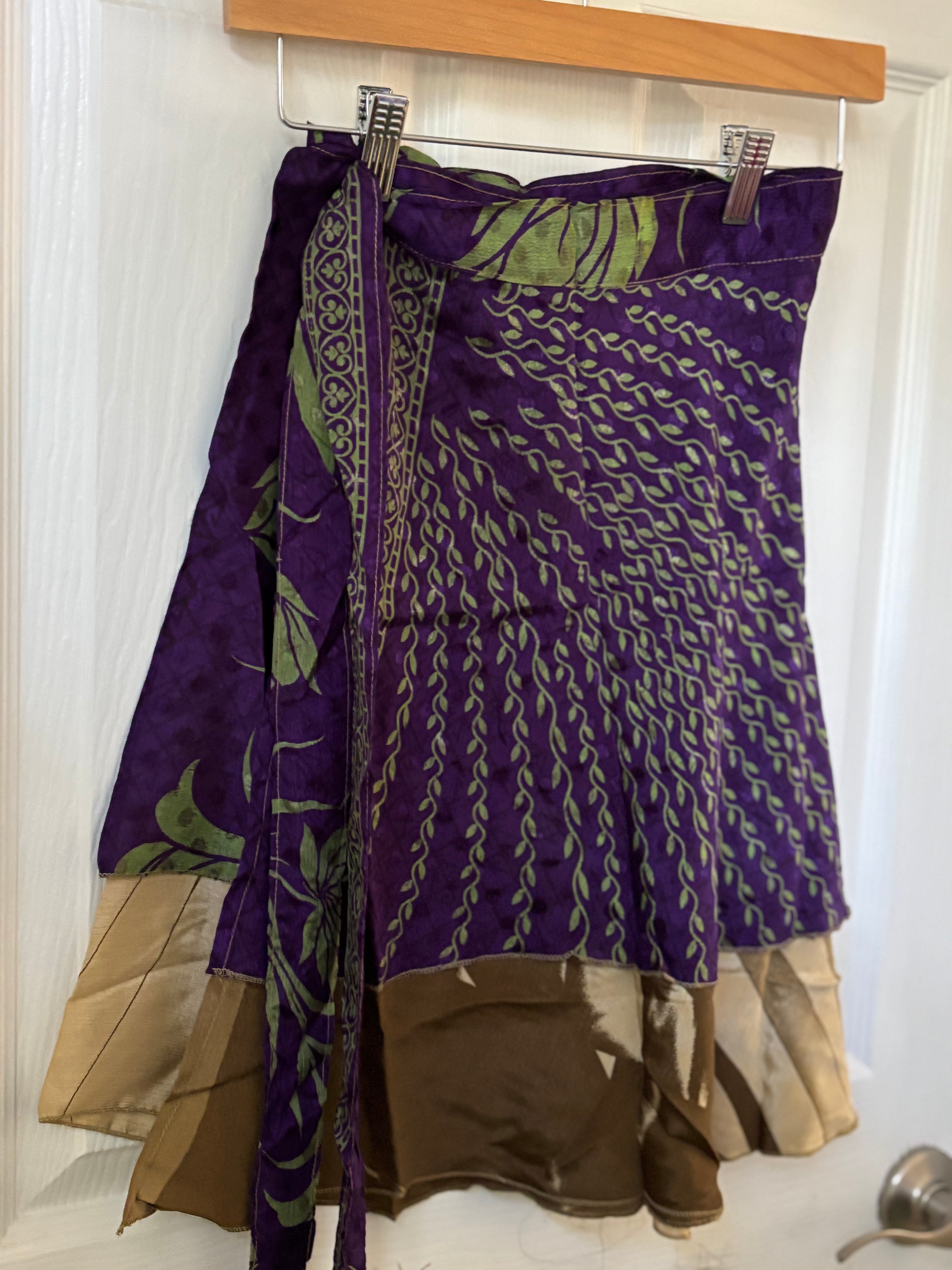 Knee Length Bohemian Flowy Dancing Worship Skirt | Indian Silk Sari Wrap Skirt - Double Layer , Reversible