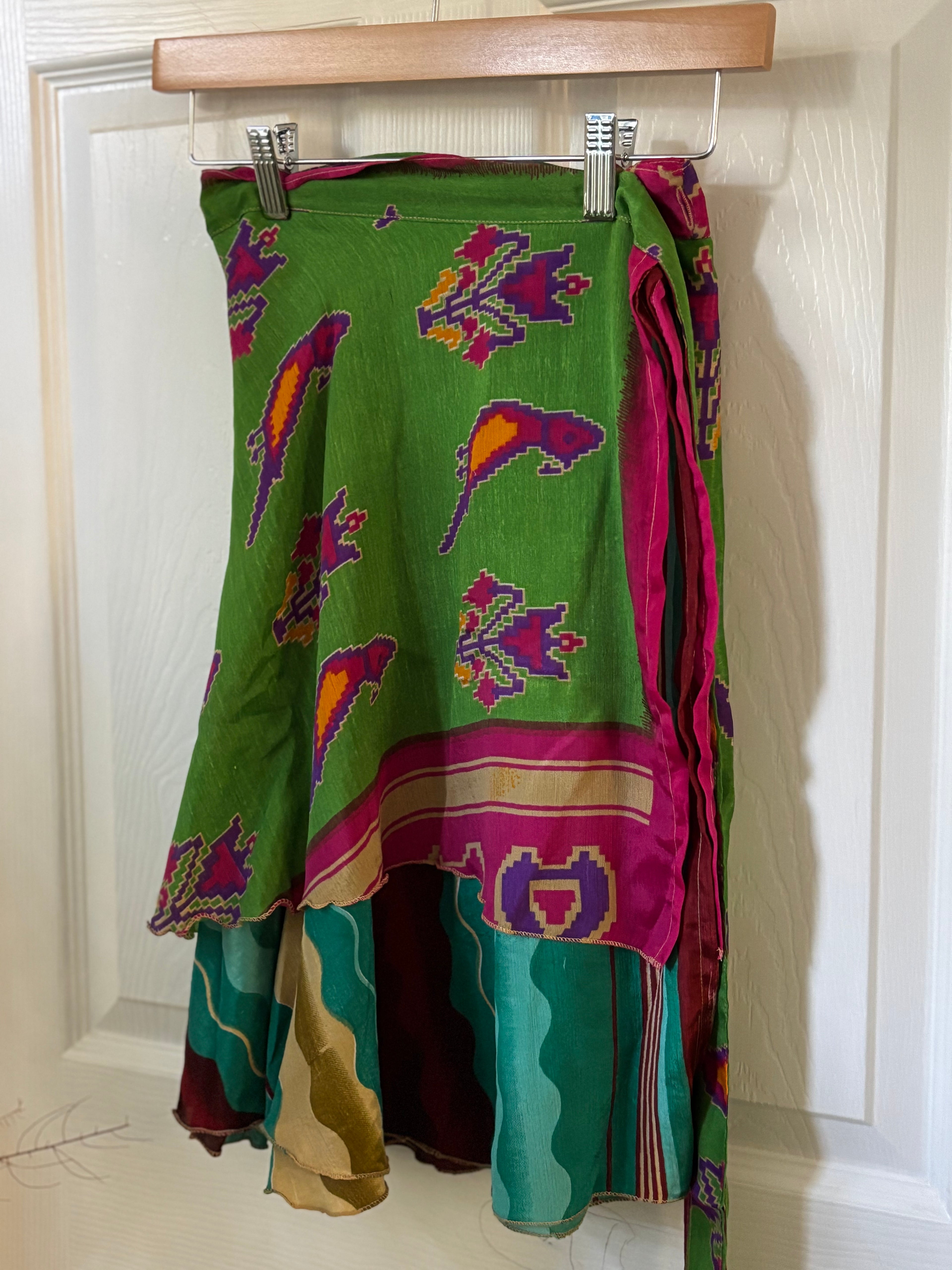 Knee Length Bohemian Flowy Dancing Worship Skirt | Indian Silk Sari Wrap Skirt - Double Layer , Reversible