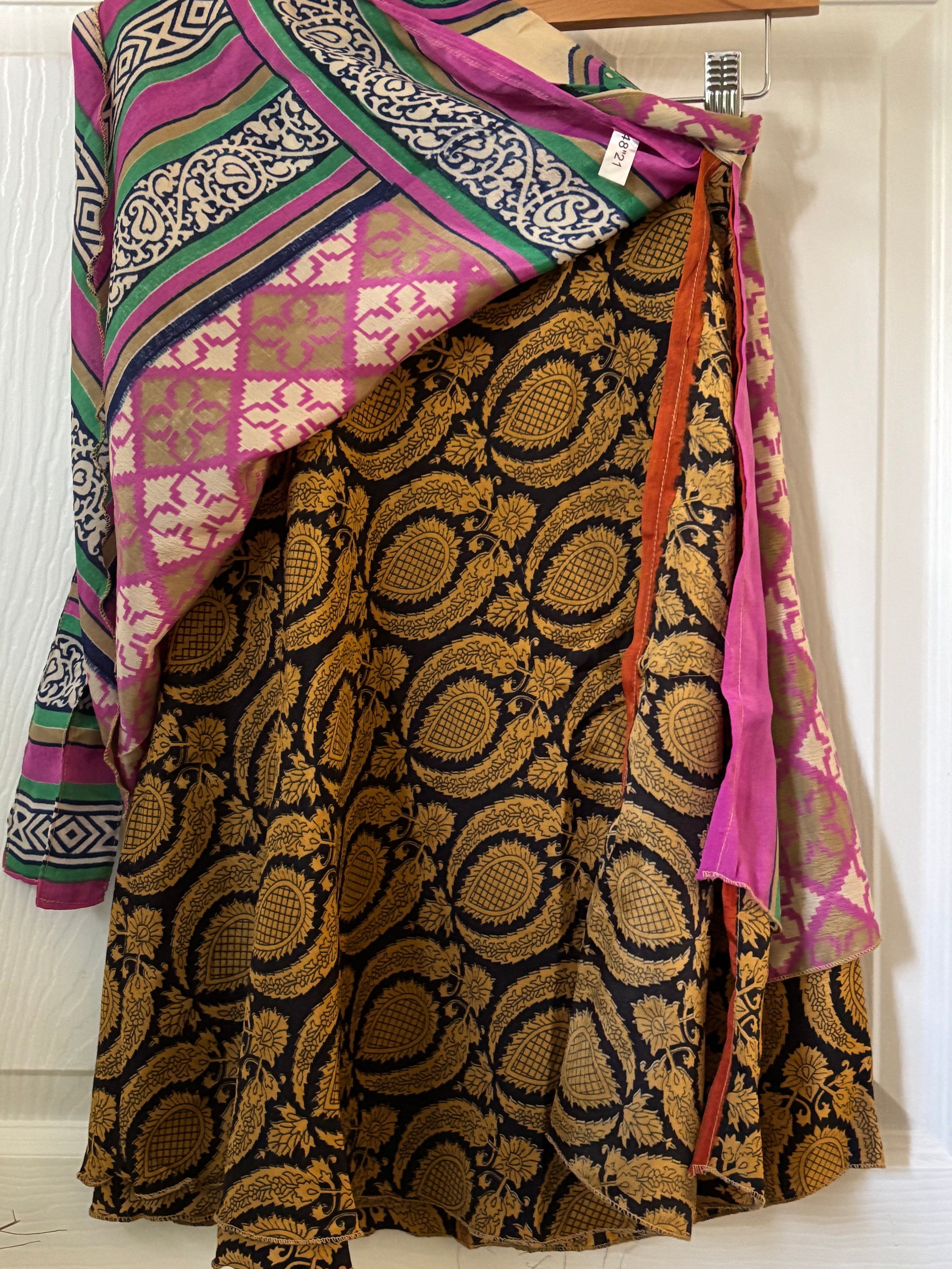 Knee Length Bohemian Flowy Dancing Worship Skirt | Indian Silk Sari Wrap Skirt - Double Layer , Reversible