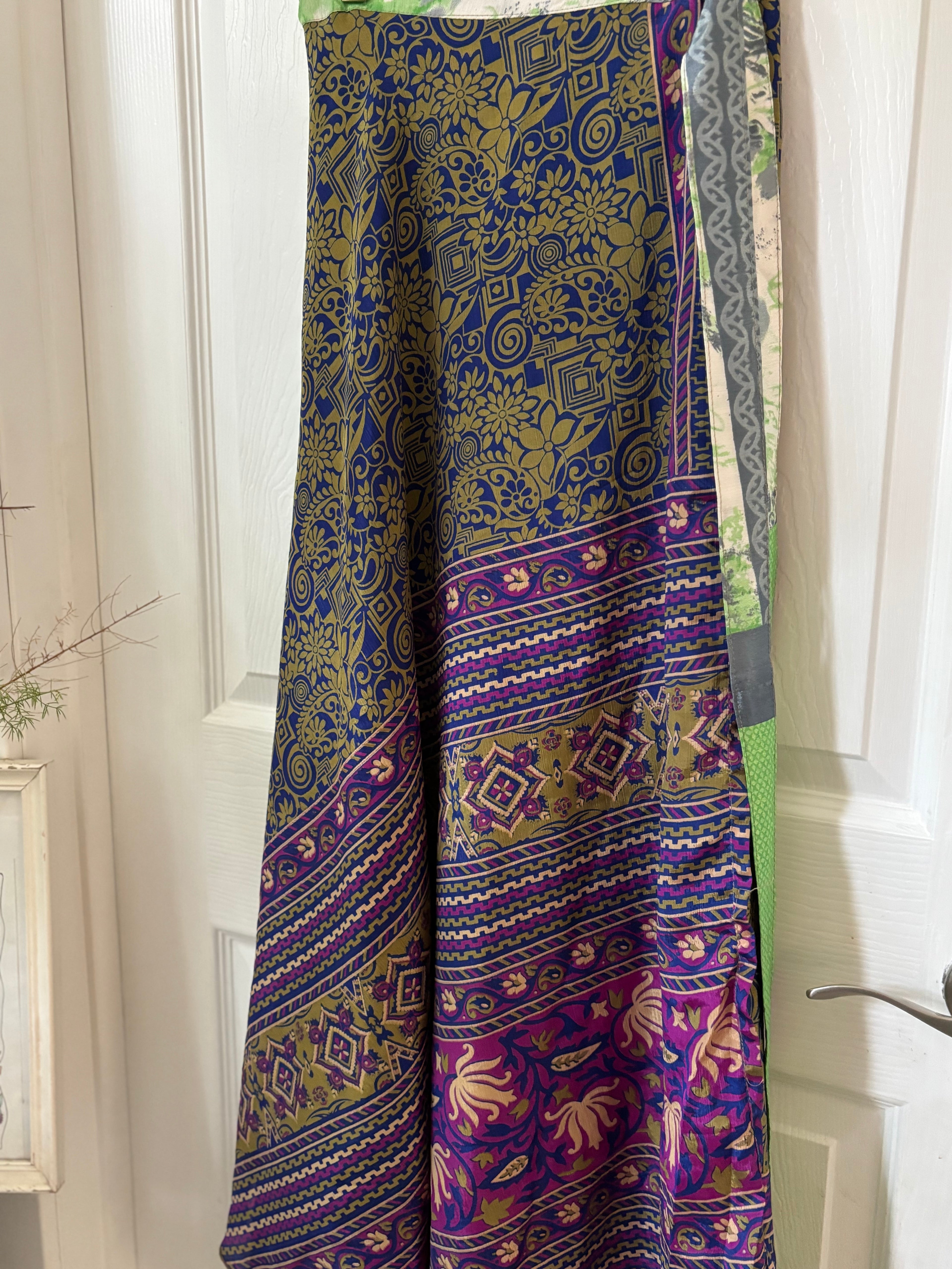 Warfare Worship Skirt | Bohemian Flowy Indian Silk Sari Wrap Skirt - Double Layer , Reversible | Free Flow Dancing Skirt