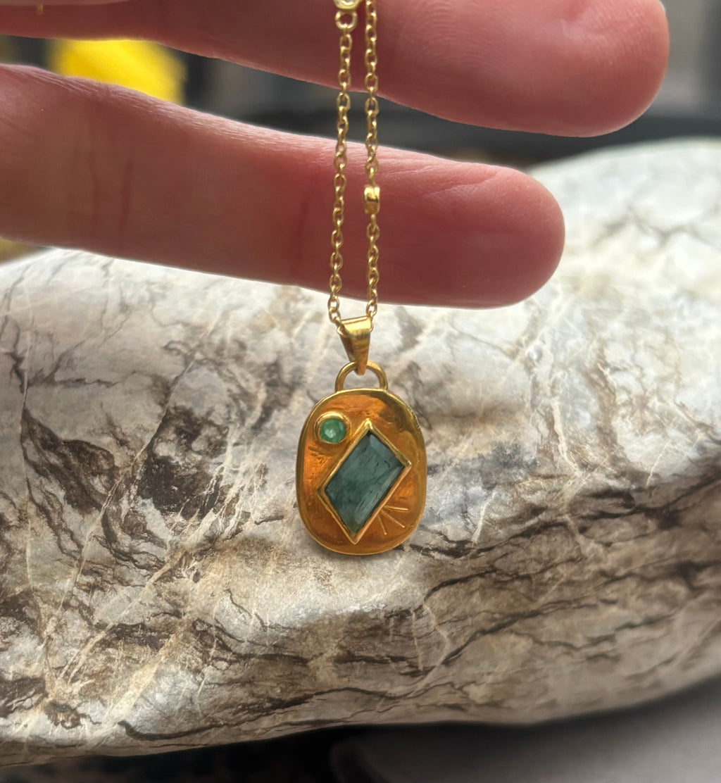 14k Gold Tourmaline + Zambian Emerald Etched Oval Coin Necklace