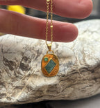14k Gold Tourmaline + Zambian Emerald Etched Oval Coin Necklace