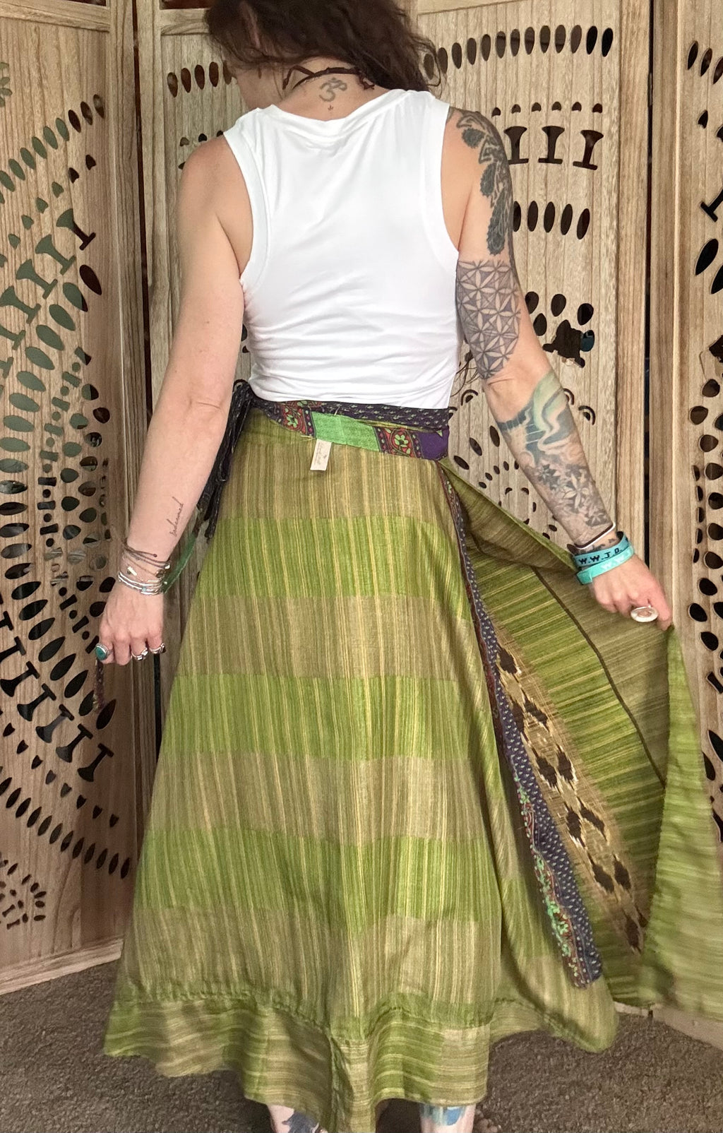 Worship Skirt | Bohemian Flowy Indian Silk Sari Wrap Skirt - Double Layer , Reversible | Free Flow Dancing Skirt