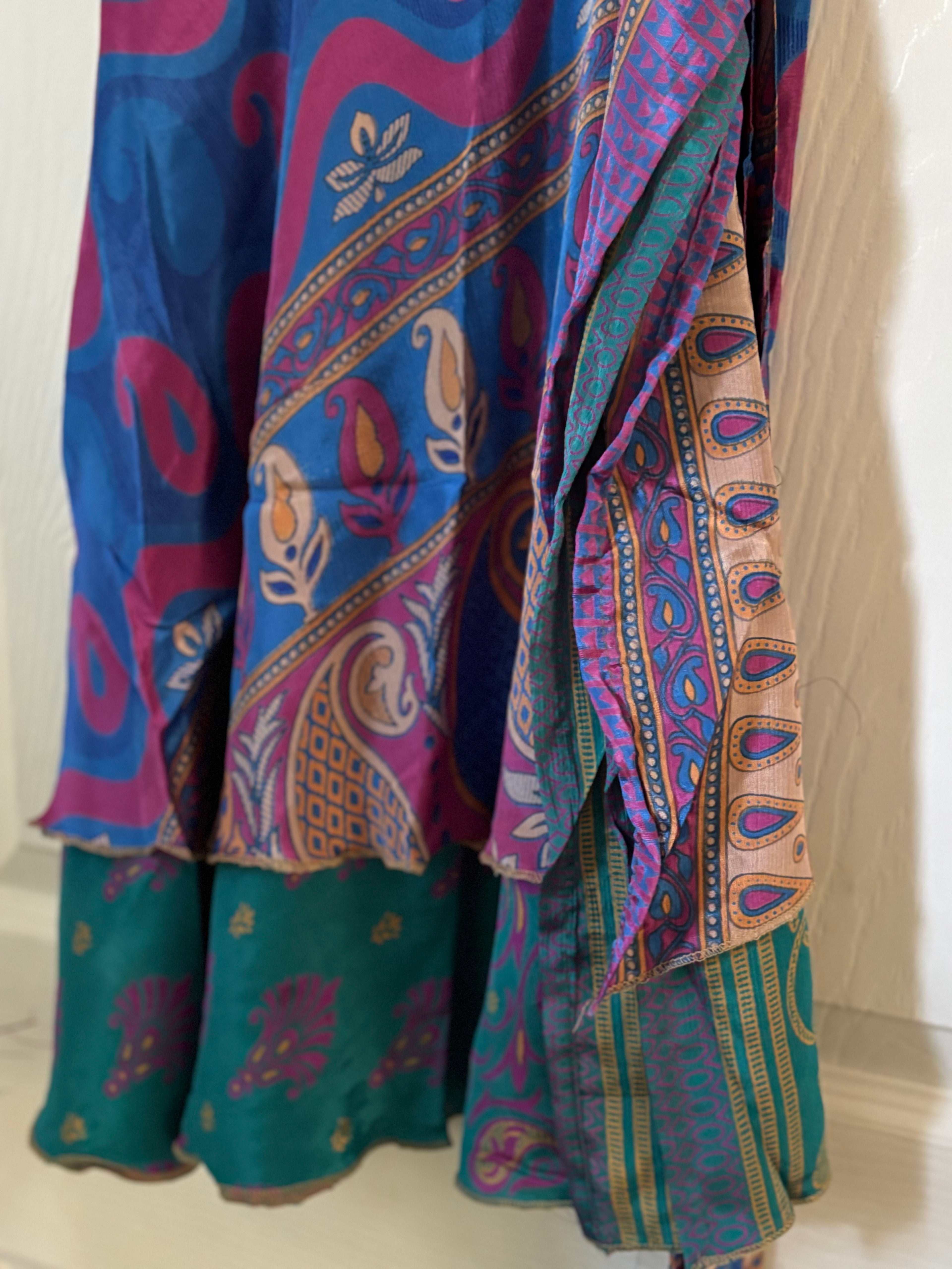 Knee Length Bohemian Flowy Dancing Worship Skirt | Indian Silk Sari Wrap Skirt - Double Layer , Reversible