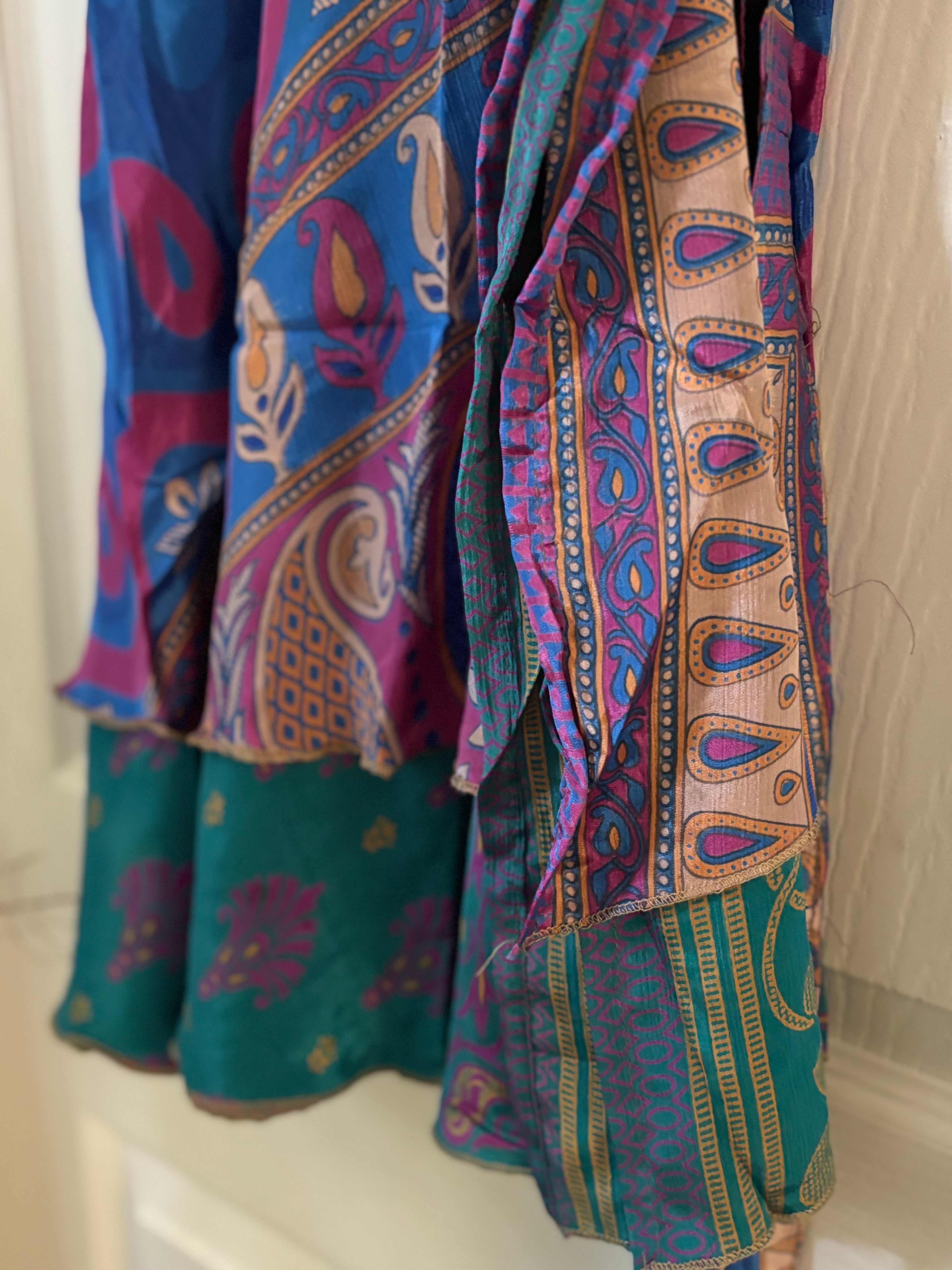 Knee Length Bohemian Flowy Dancing Worship Skirt | Indian Silk Sari Wrap Skirt - Double Layer , Reversible