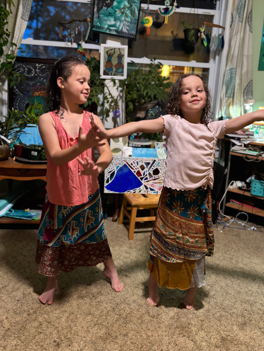 Knee Length Bohemian Flowy Dancing Worship Skirt | Indian Silk Sari Wrap Skirt - Double Layer , Reversible