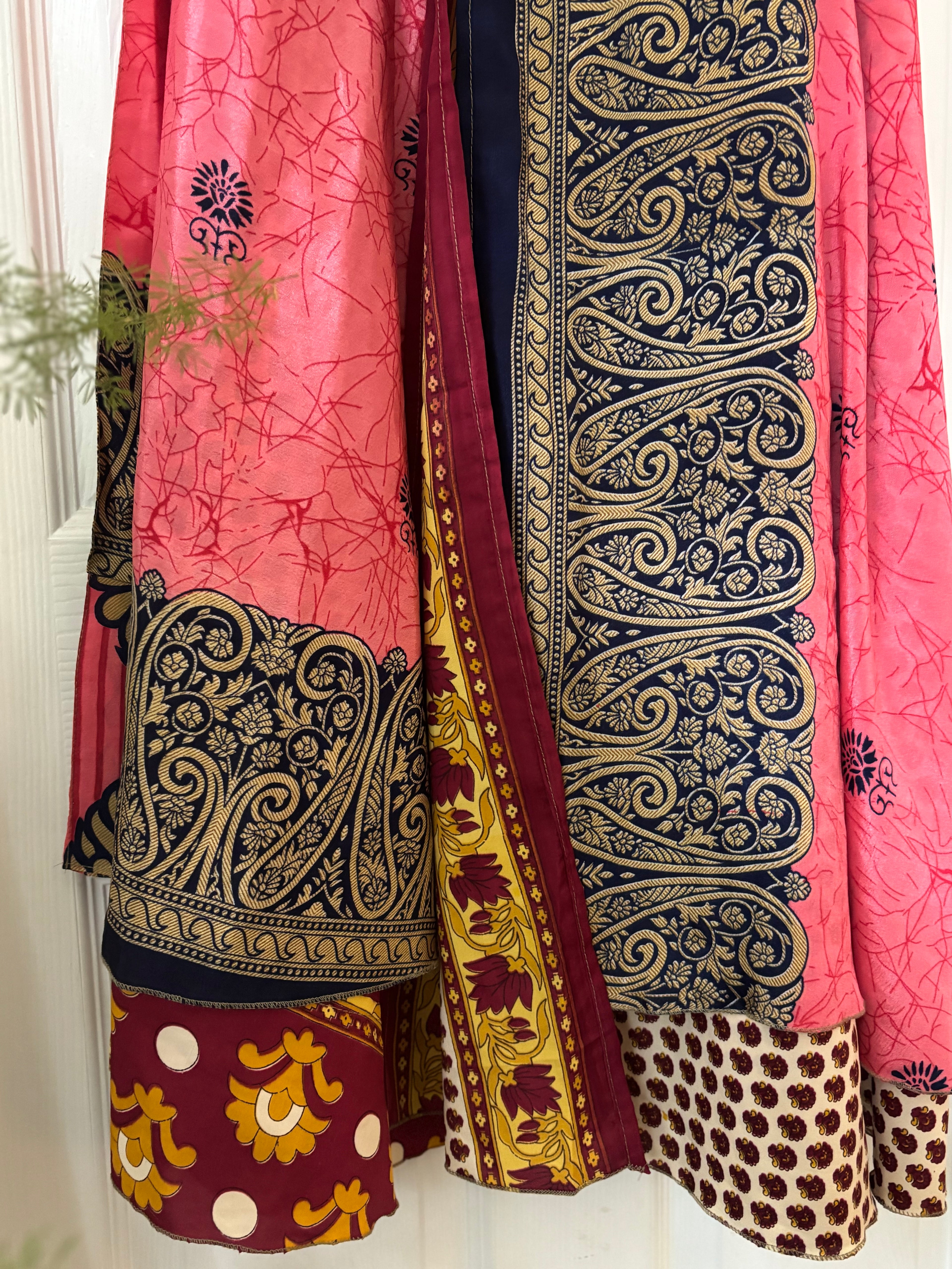 Warfare Worship Skirt | Bohemian Flowy Indian Silk Sari Wrap Skirt - Double Layer , Reversible | Free Flow Dancing Skirt