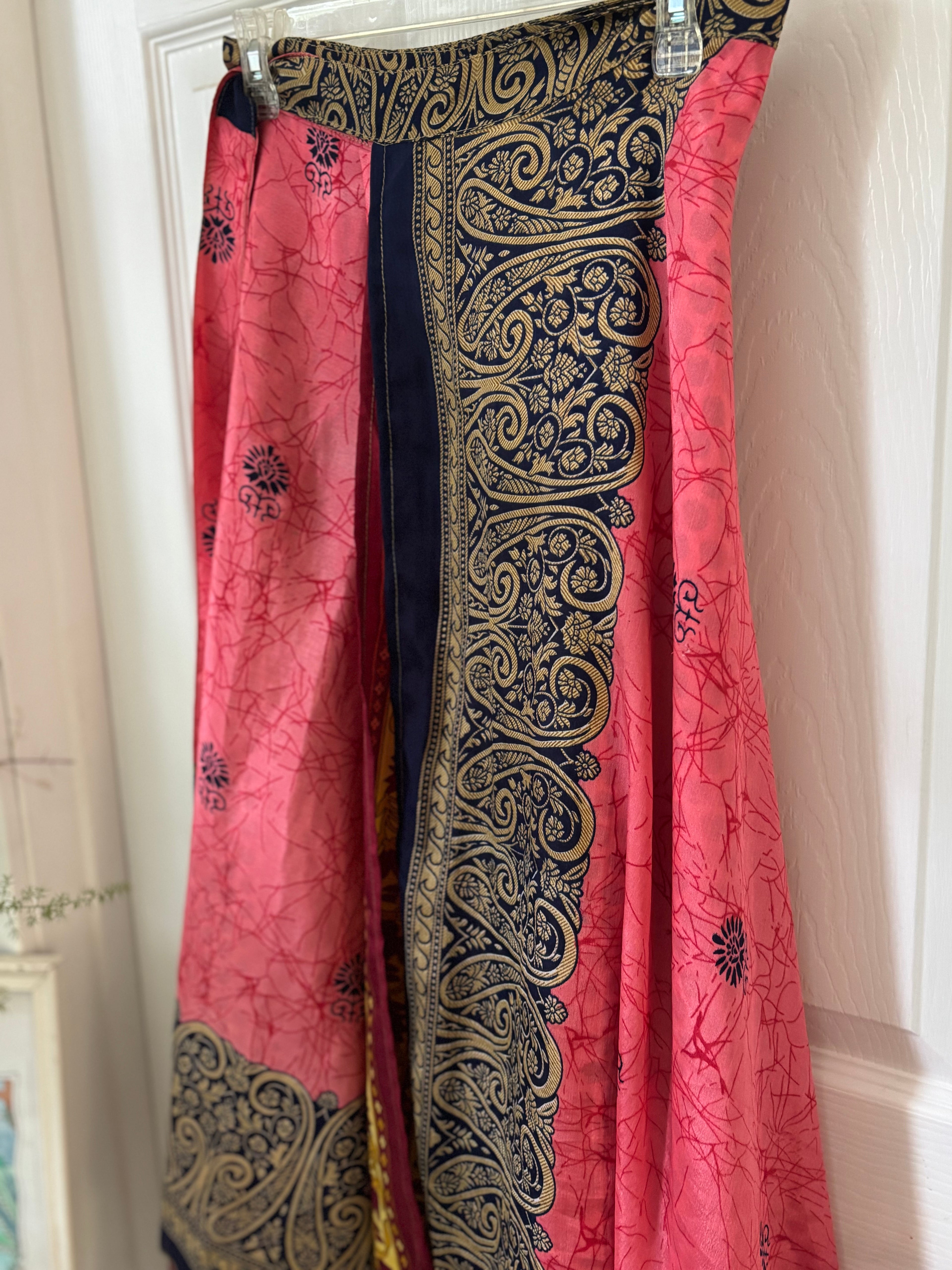 Warfare Worship Skirt | Bohemian Flowy Indian Silk Sari Wrap Skirt - Double Layer , Reversible | Free Flow Dancing Skirt