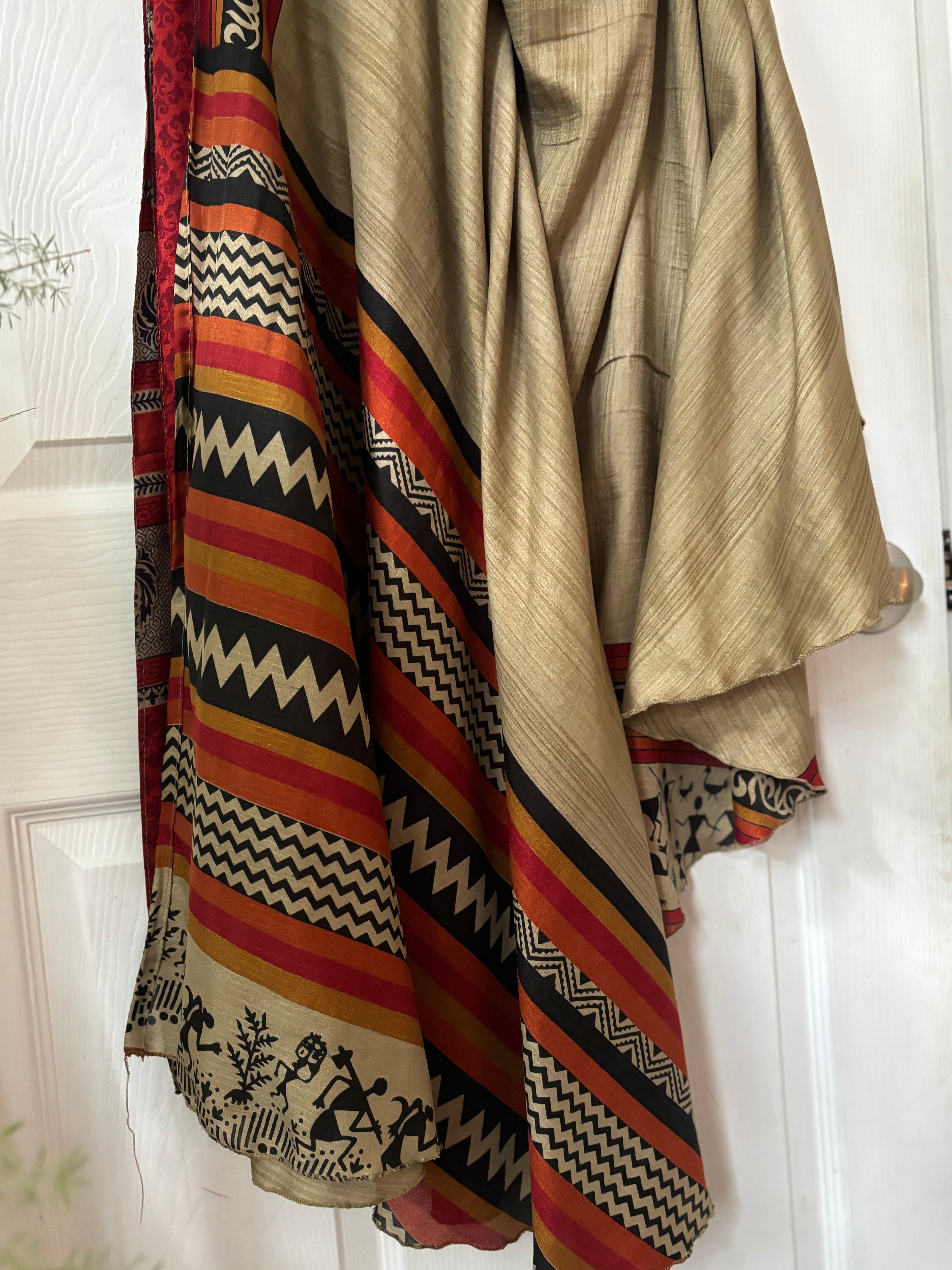 Warfare Worship Skirt | Bohemian Flowy Indian Silk Sari Wrap Skirt - Double Layer , Reversible | Free Flow Dancing Skirt