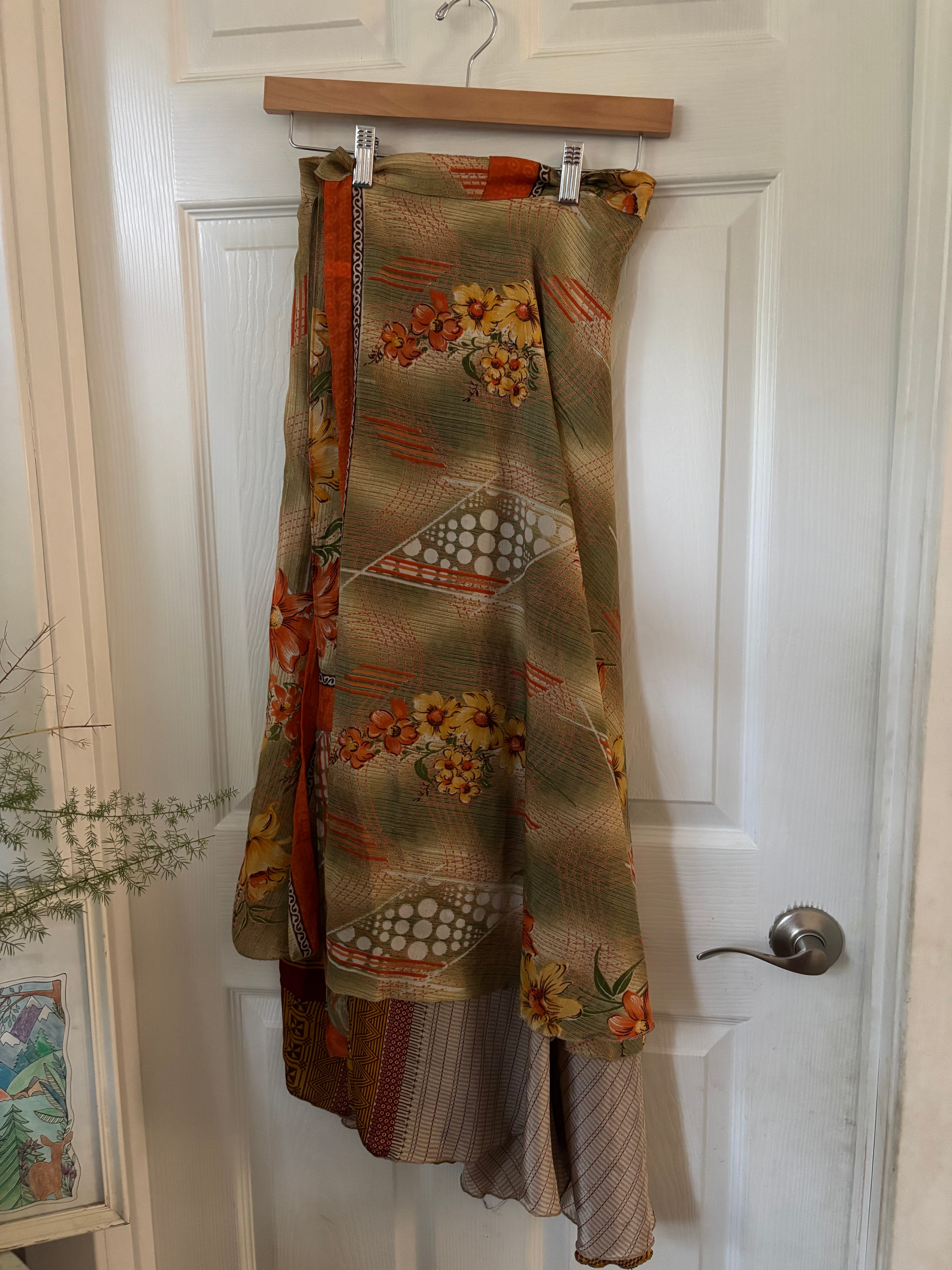 Bohemian Indian Silk Sari Wrap Skirt - Double Layer , Reversible | Free Flow Dancing Skirt