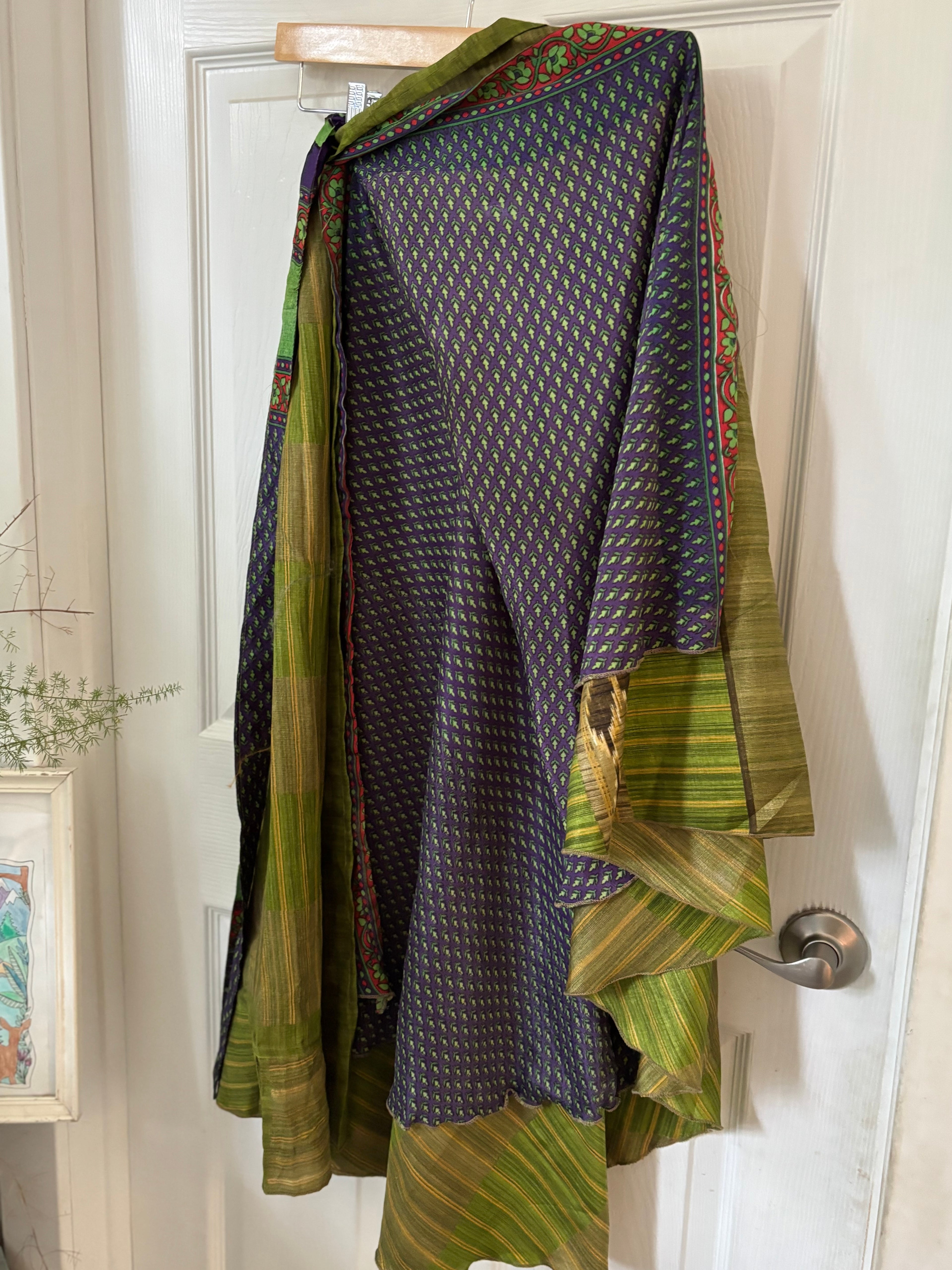 Warfare Worship Skirt | Bohemian Flowy Indian Silk Sari Wrap Skirt - Double Layer , Reversible | Free Flow Dancing Skirt