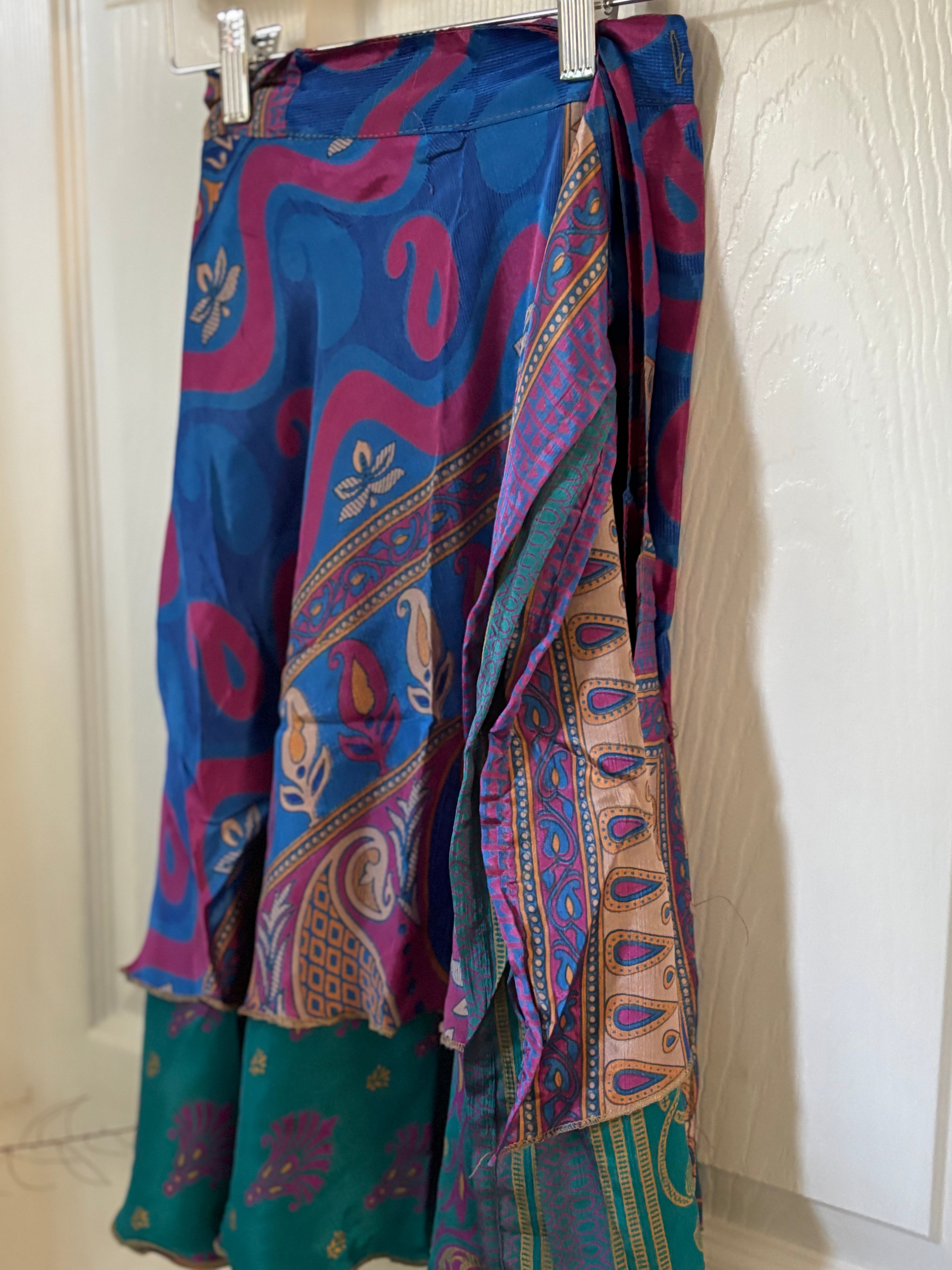 Knee Length Bohemian Flowy Dancing Worship Skirt | Indian Silk Sari Wrap Skirt - Double Layer , Reversible