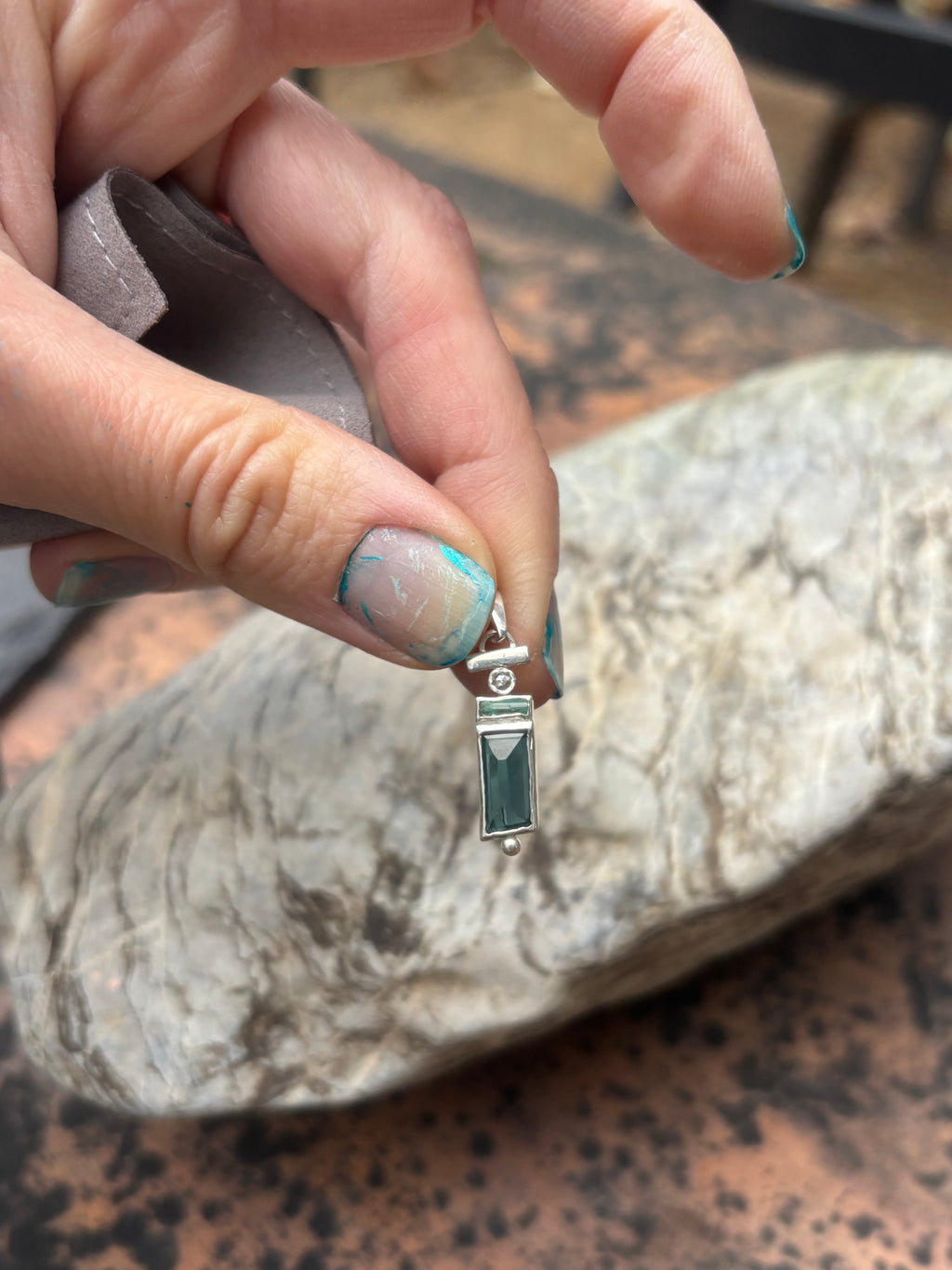 Tourmaline + Raw Emerald + Moonstone Solid Sterling 925 Silver Ethnic Pendant