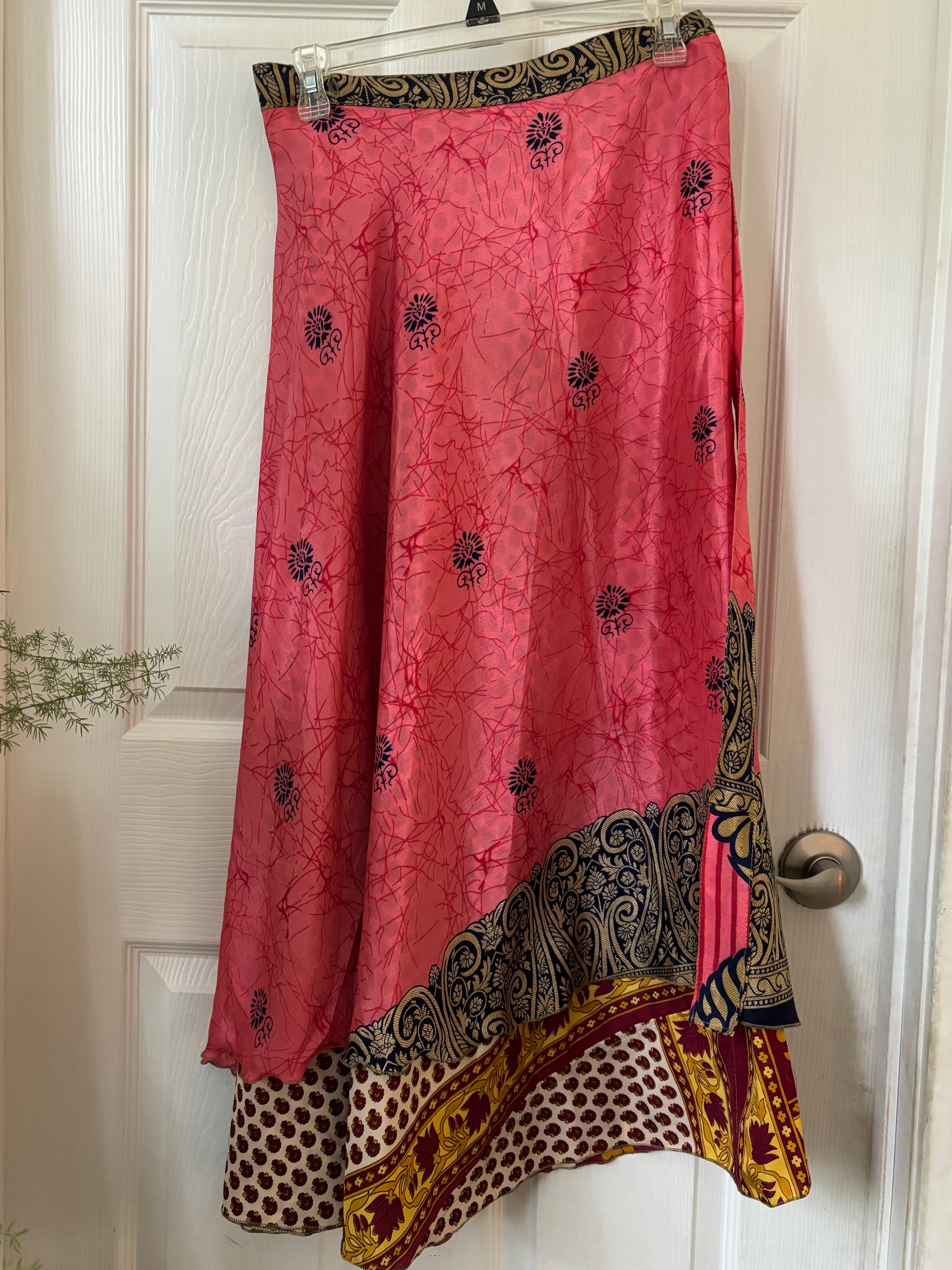 Warfare Worship Skirt | Bohemian Flowy Indian Silk Sari Wrap Skirt - Double Layer , Reversible | Free Flow Dancing Skirt