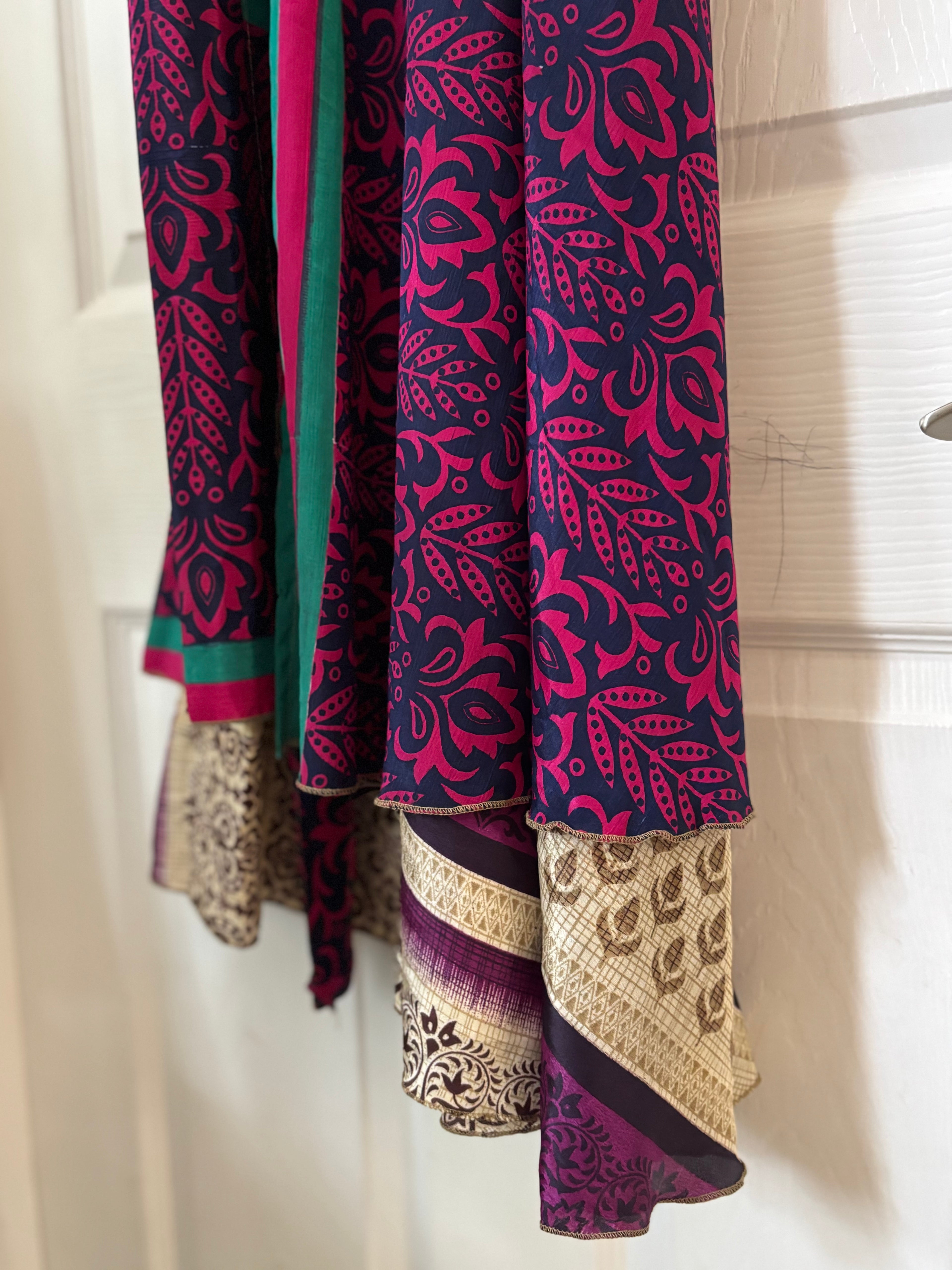 Warfare Worship Skirt | Bohemian Flowy Indian Silk Sari Wrap Skirt - Double Layer , Reversible | Free Flow Dancing Skirt