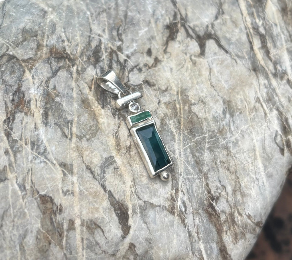 Tourmaline + Raw Emerald + Moonstone Solid Sterling 925 Silver Ethnic Pendant