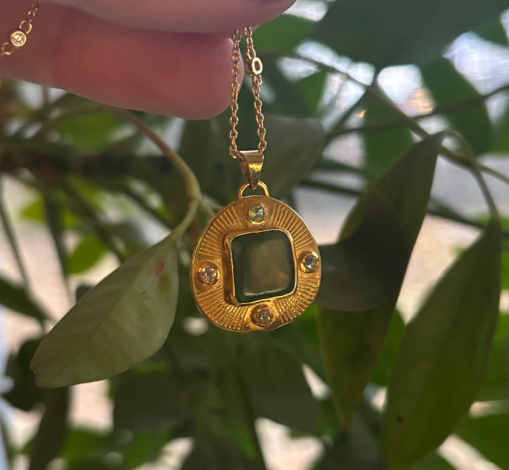 14k Gold Green Jade + Sapphire Hand Etched Necklace